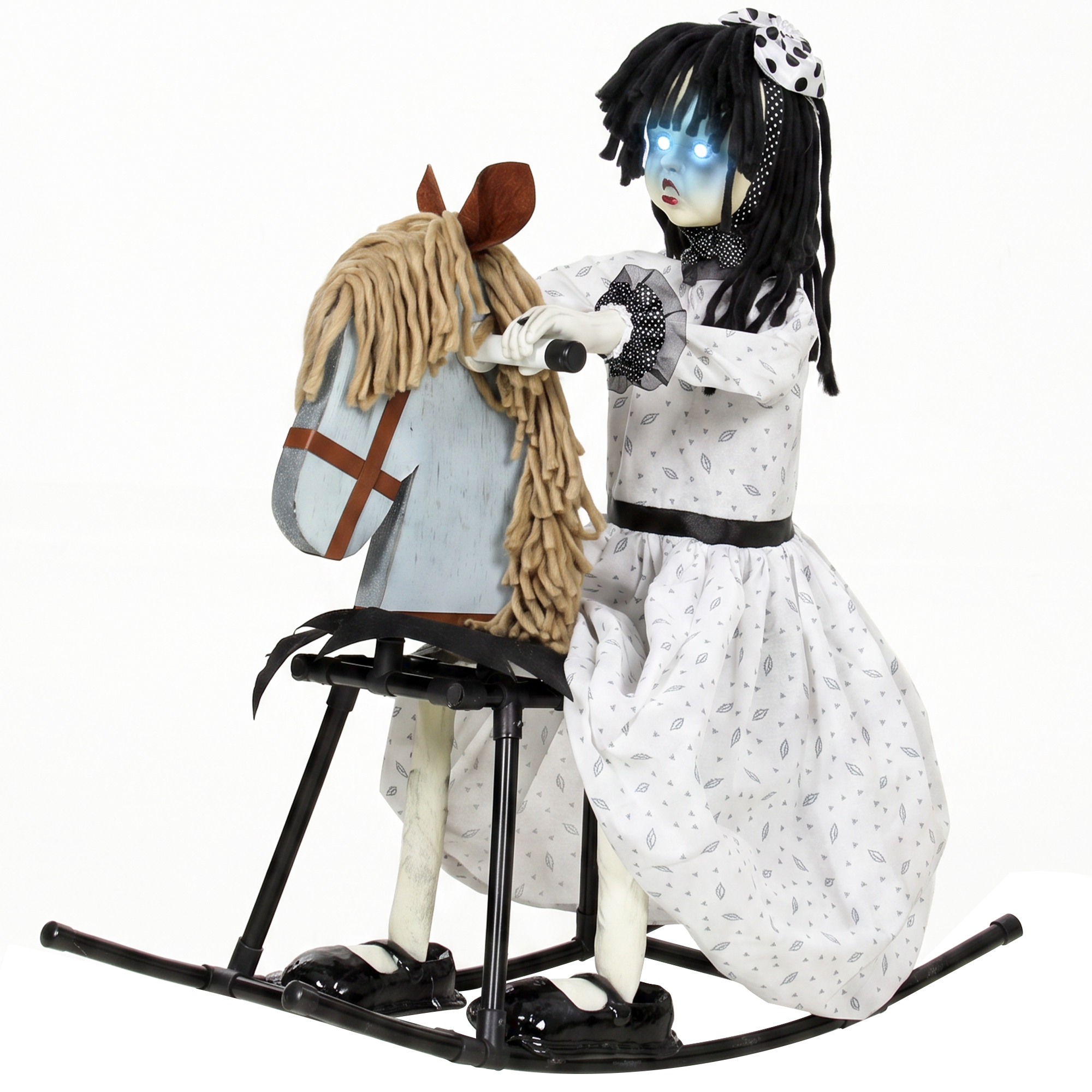 HOMCOM Animiertes Halloween-Mädchen auf Schaukelpferd, 72 cm, mit Leuchtenden Augen, Gruseligen Reimen, Sound-/Touch-Aktivierung, für Innenräume und geschützten Außenbereich Aosom