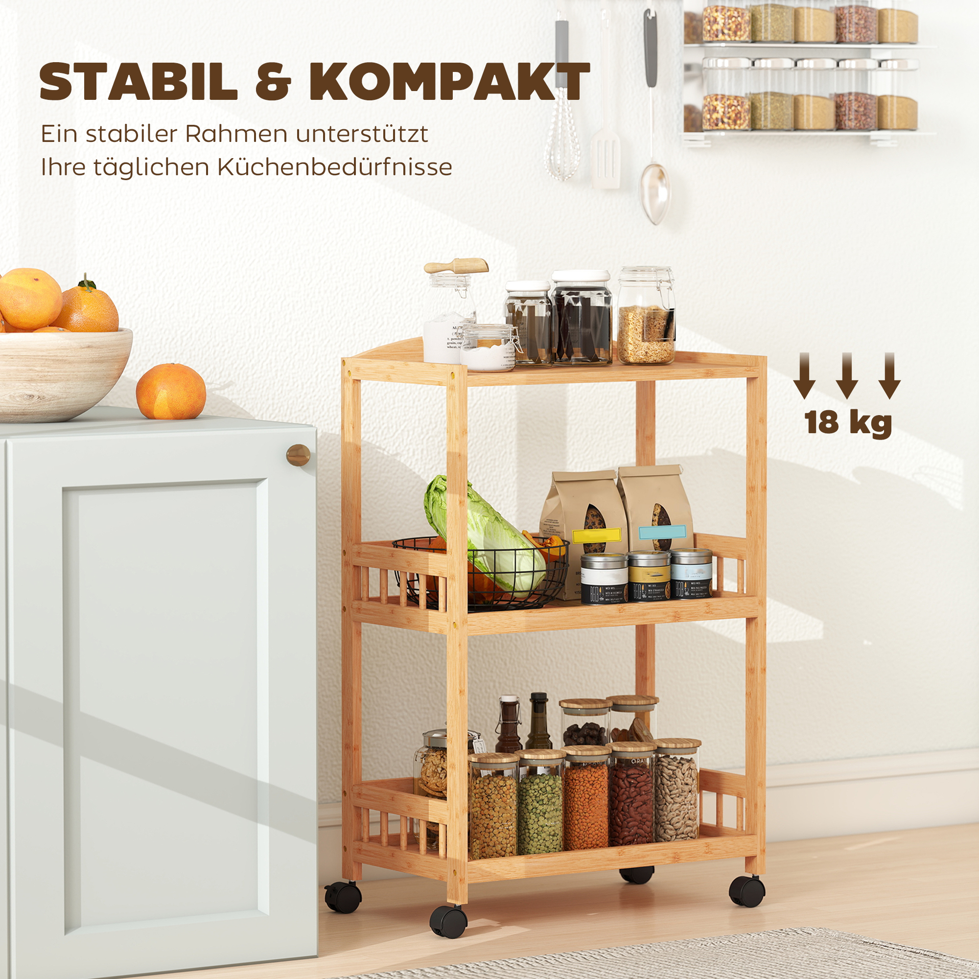 Köögikäru 3 riiuliga, serveerimiskäru panipaigaga, köögiriiul ratastel, kööki, vannituppa, kontorisse, naturaalne puit