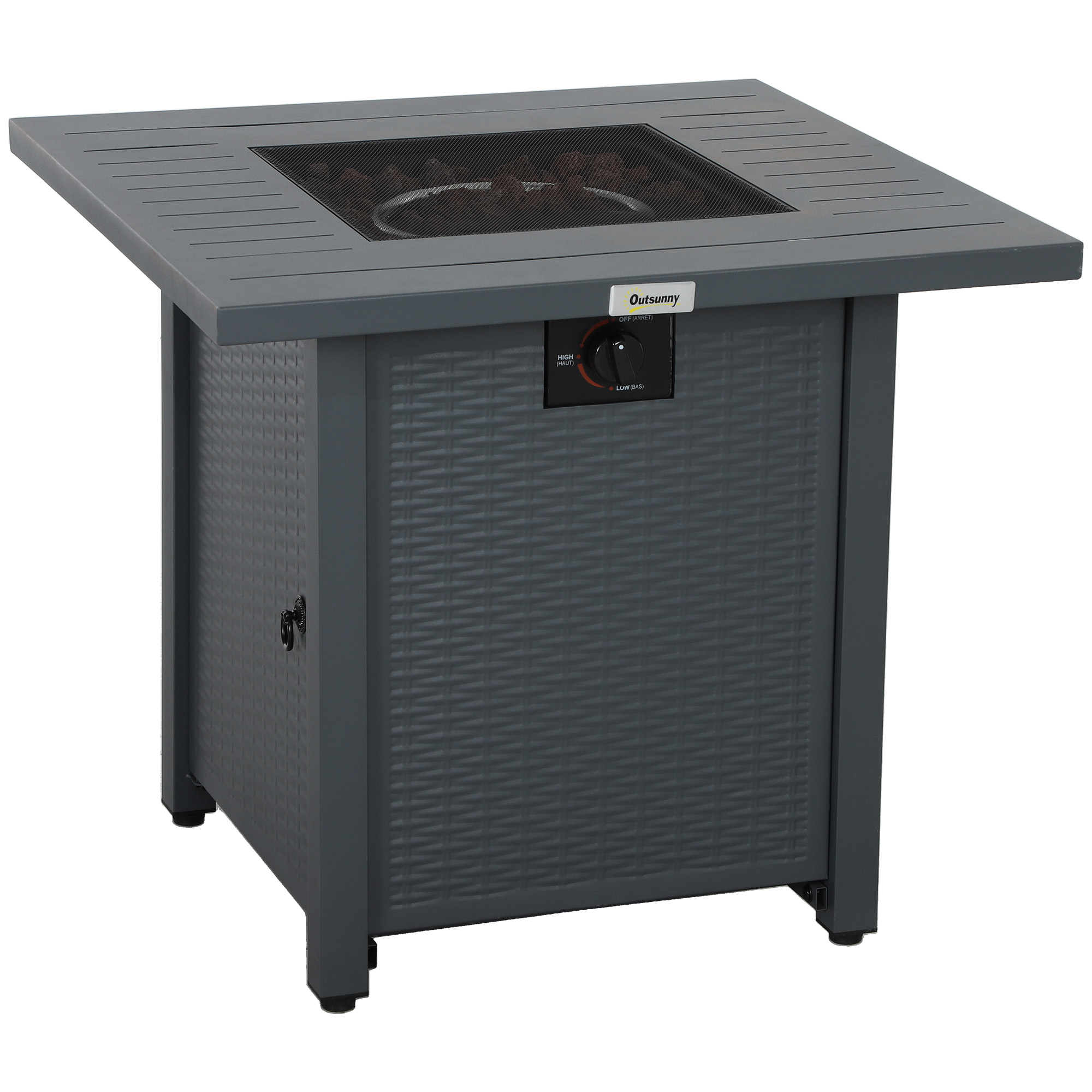 Outsunny Grey Rattan-Style Propane Gas Fire Pit Table With 40,000 Btu Burner, Square Smokeless Firepit Patio Heater With Thermocouple, Lava Rocks,