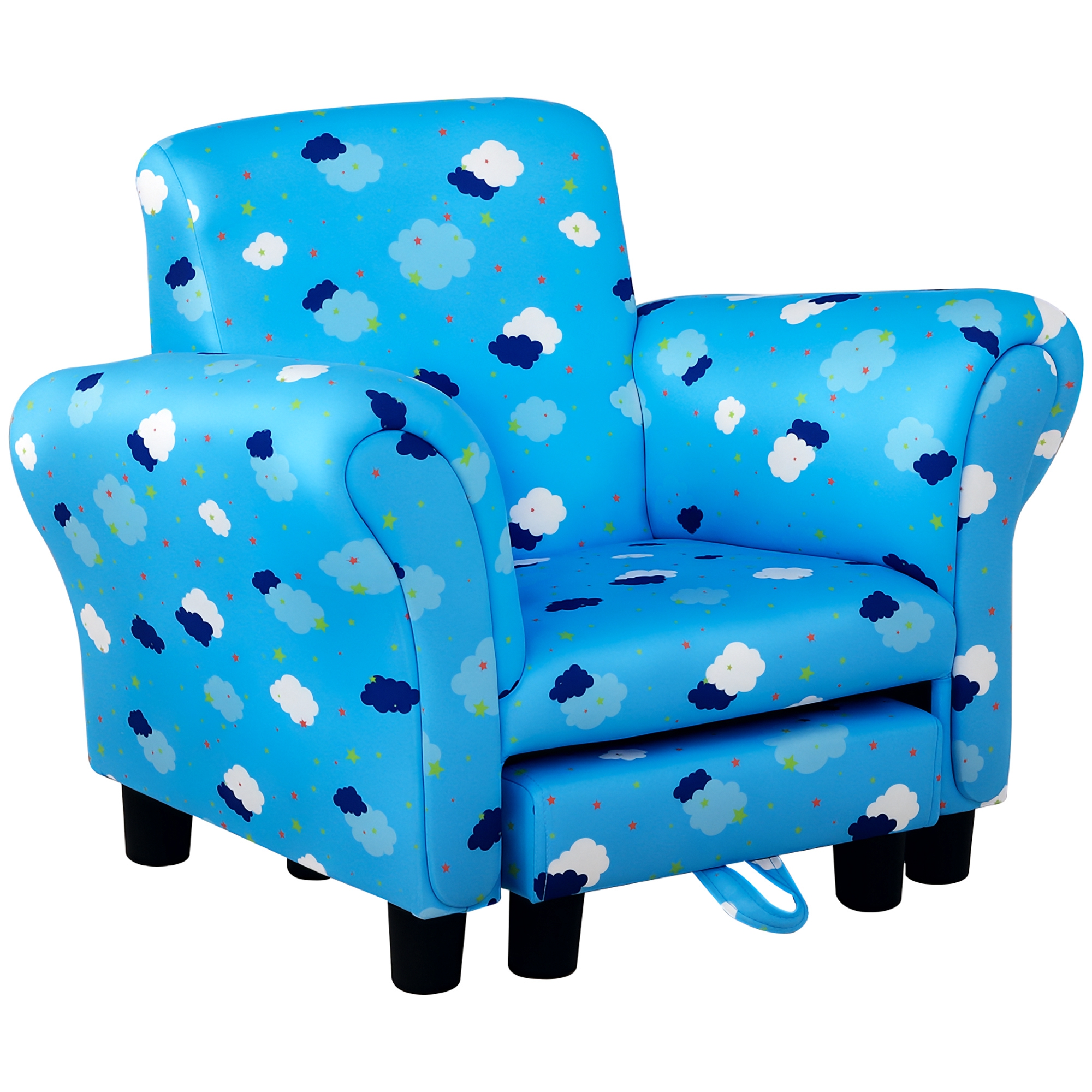 HOMCOM Childrens Sofa Mini Sofa Wood Frame w/ Footrest Anti-Slip Legs High Back Arms Bedroom Playroom Furniture Cute Cloud Star Blue Aosom UK