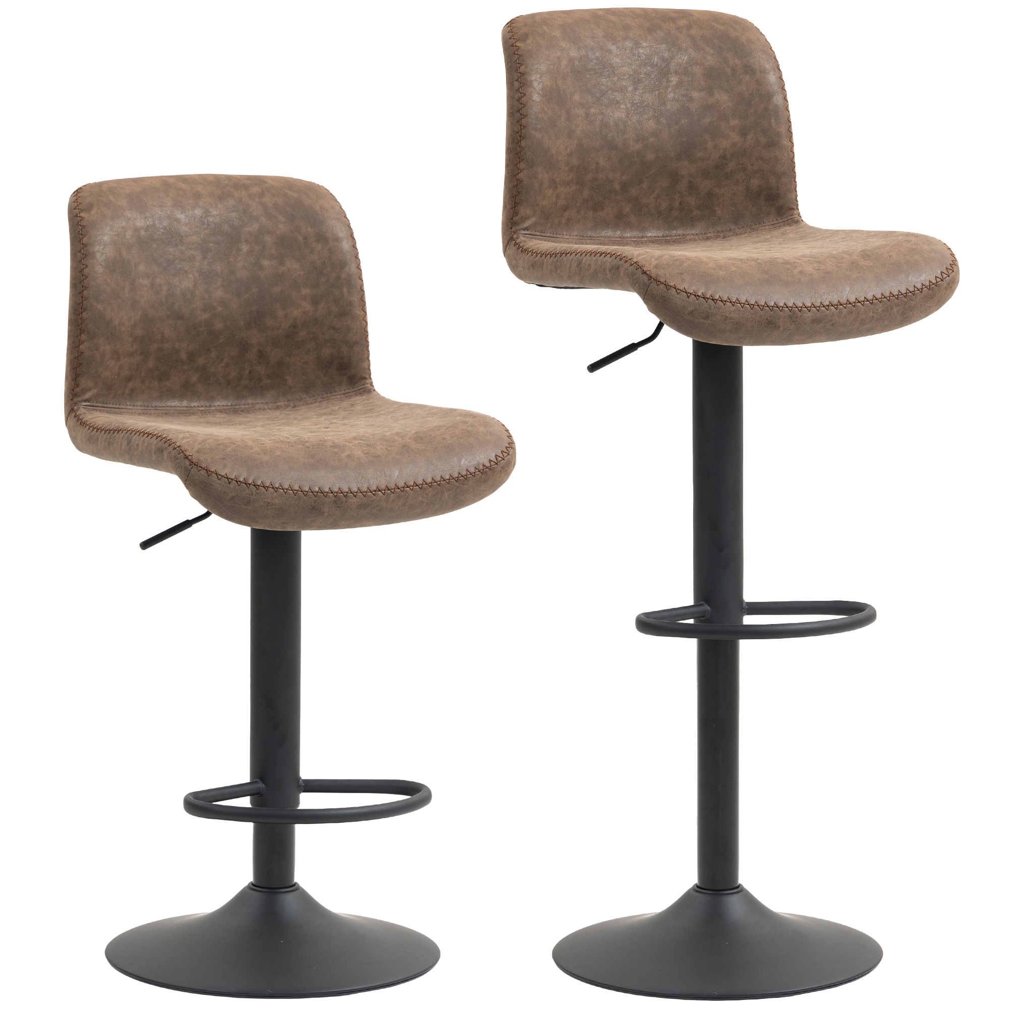 Homcom Brown Bar Stools Set Of 2, Pu Leather Barstools With Backrest And Footrest For Kitchen, Counter, Breakfast Bar,