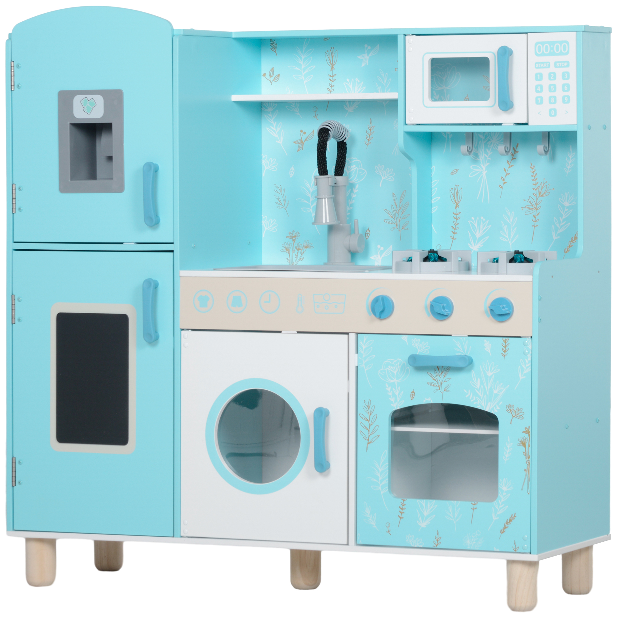 AIYAPLAY Cocina de Juguete Cocina de Madera Infantil con Sonido Fogón Horno Grifo Fregadero Microondas Lavadora Máquina de Hielo Azul | Aosom España