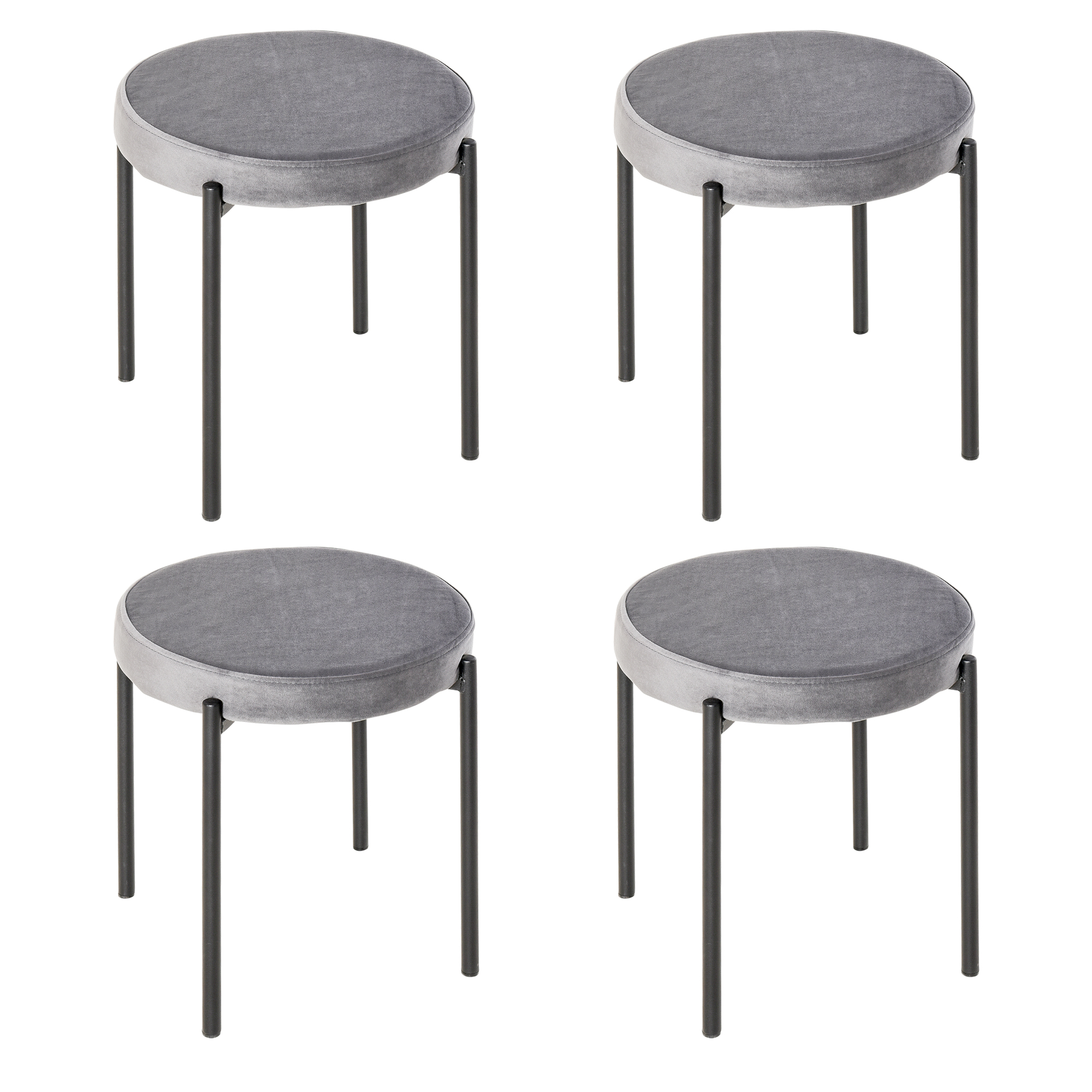 HOMCOM Stapelkrukken Set van 4 comfortabele stapelbare krukken met fluweel kussen, gepoedercoate stalen poten, grijs, 41,5x41,5x46 cm | Aosom.nl