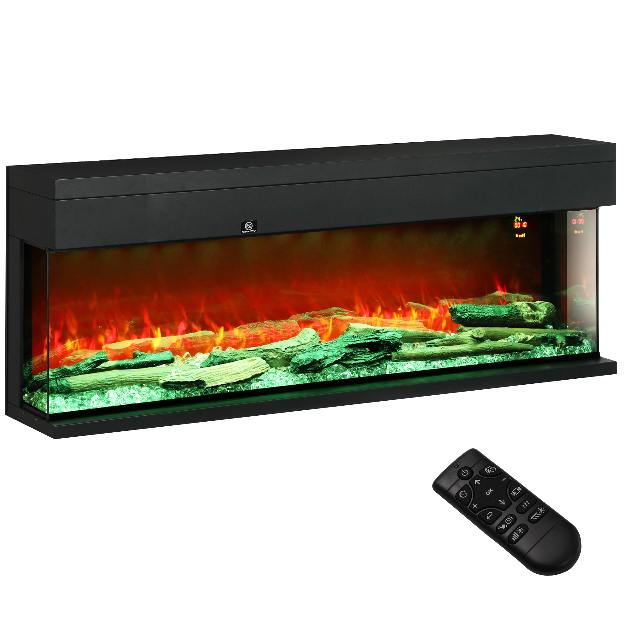 HOMCOM Șemineu Electric Încorporabil cu Efect de Flăcări 3D, Oprire Automată și Termostat, 127x26x50 cm, Negru | Aosom Romania