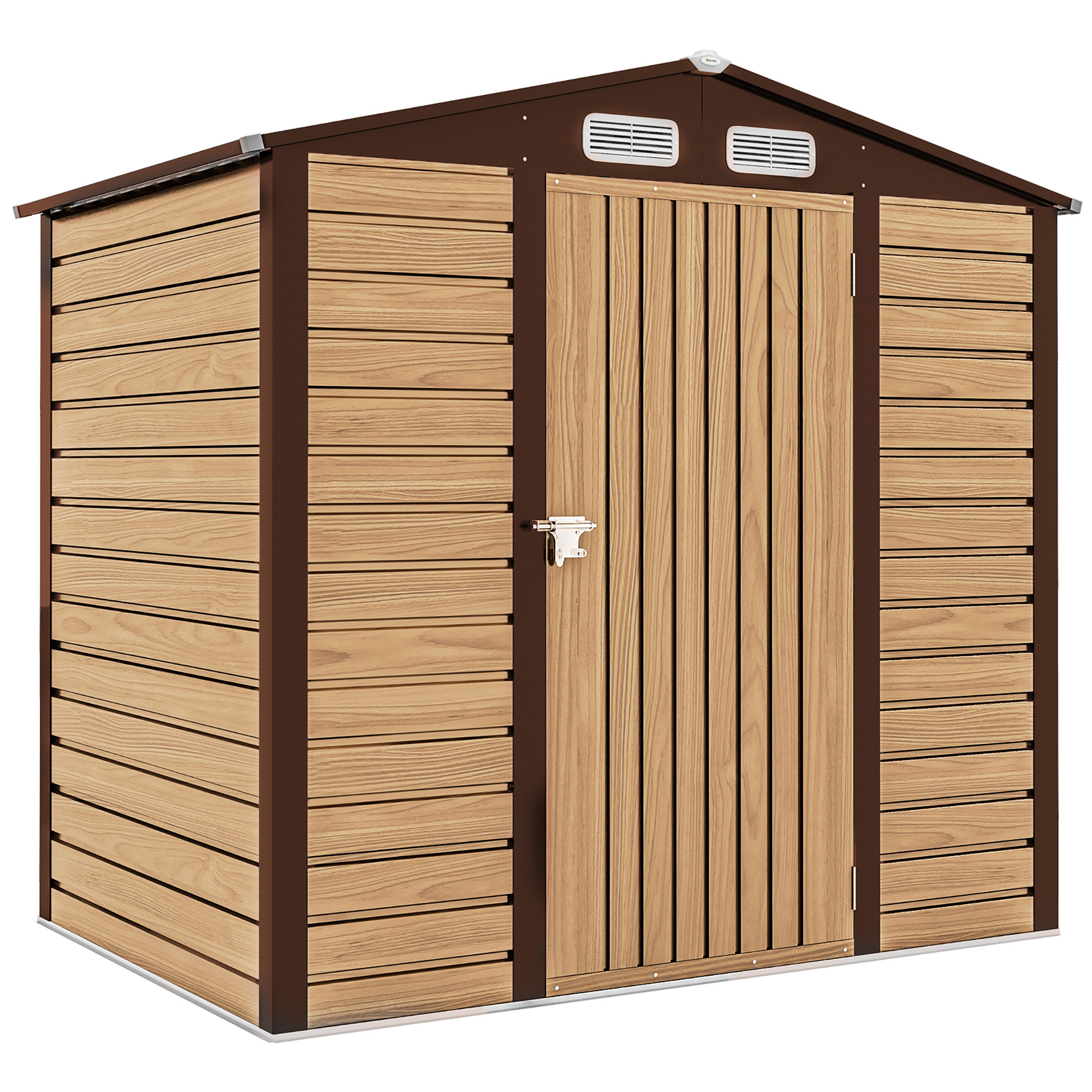 Outsunny 4x6ft Galvanised Steel Garden Shed with Lockable Door & Gloves, Weatherproof Outdoor Storage Shed, Durable Metal Tool House for Garden & Backyard, Oak   Aosom UK