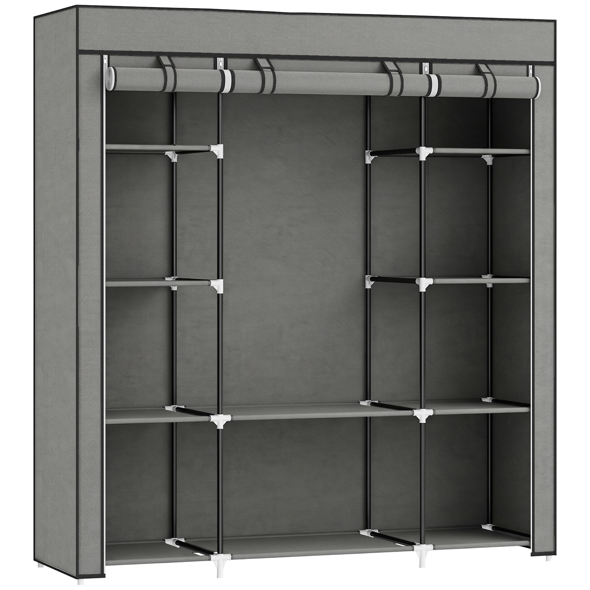 HOMCOM Clothes Storage Organiser with Hanging Rail, Shelves, Portable Wardrobe, Foldable Fabric Wardrobe, Dark Grey