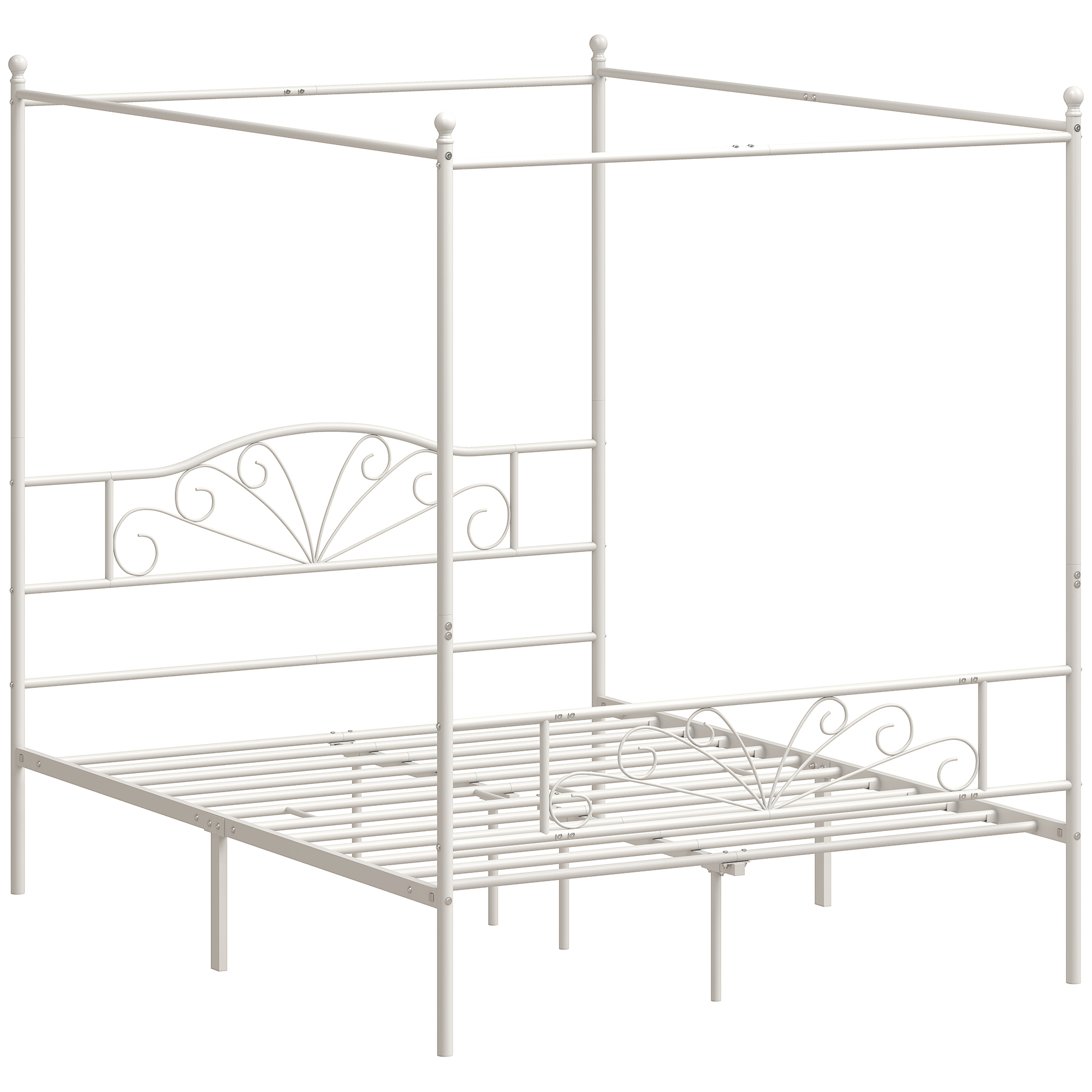 Homcom White Canopy Bed Frame King Size, Metal Platform Bed Frame With Headboard And Footboard, Underbed Storage,