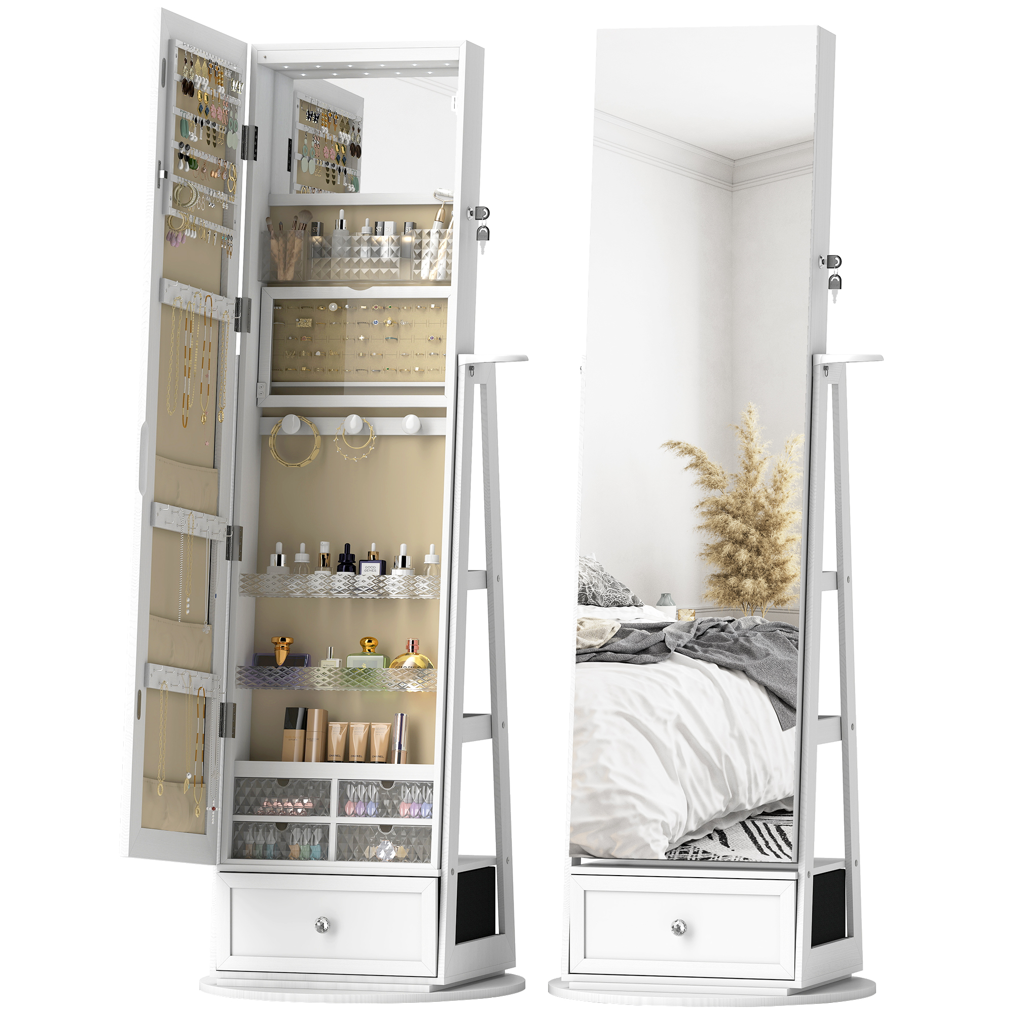 HOMCOM Espejo Joyero con Luces LED Armario Joyero con Espejo Entero Giratorio de 360° Cajón Cerradura Blanco