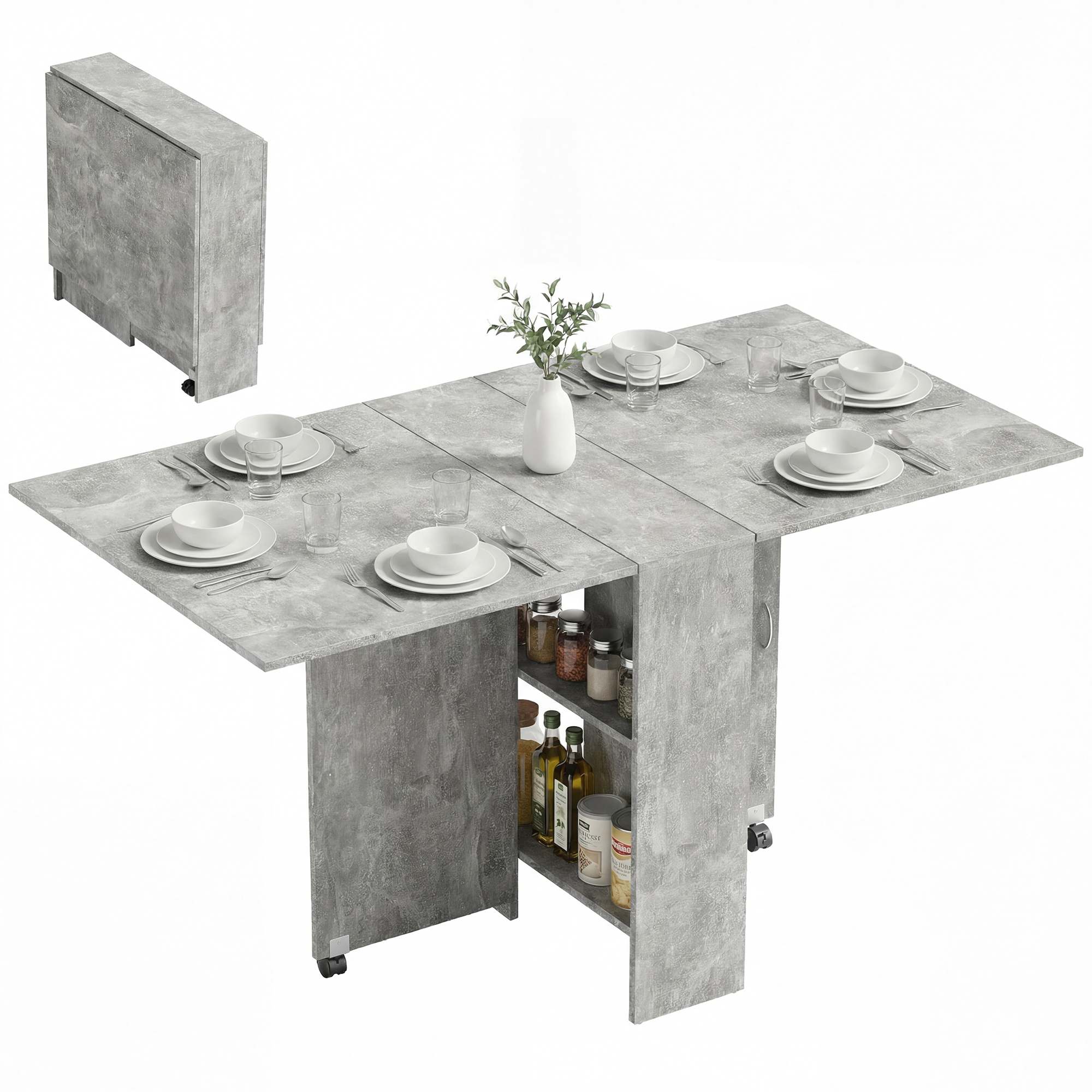 Homcom Grey Folding Kitchen Table, Drop Leaf Dining Table For Small Spaces W/ 2-Tier Shelves, Kitchen Table W/ Rolling Casters, Cement | Aosom Uk