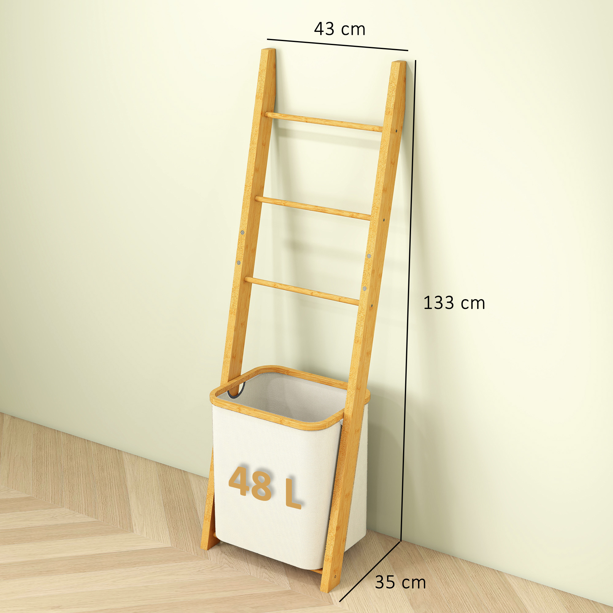 Vannitoa riiul, 2-ühes vannitoa riiul 3 vardaga, eemaldatav 48L pesukorv, bambus, 43 x 35 x 133 cm, kreemvalge