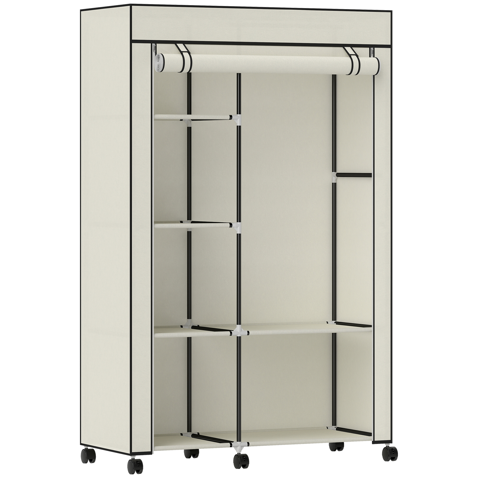 HOMCOM Armario de Tela con Ruedas Ropero Portátil con 6 Estantes y 1 Barra de Colgar para Dormitorio 103x43x162,5cm Crema