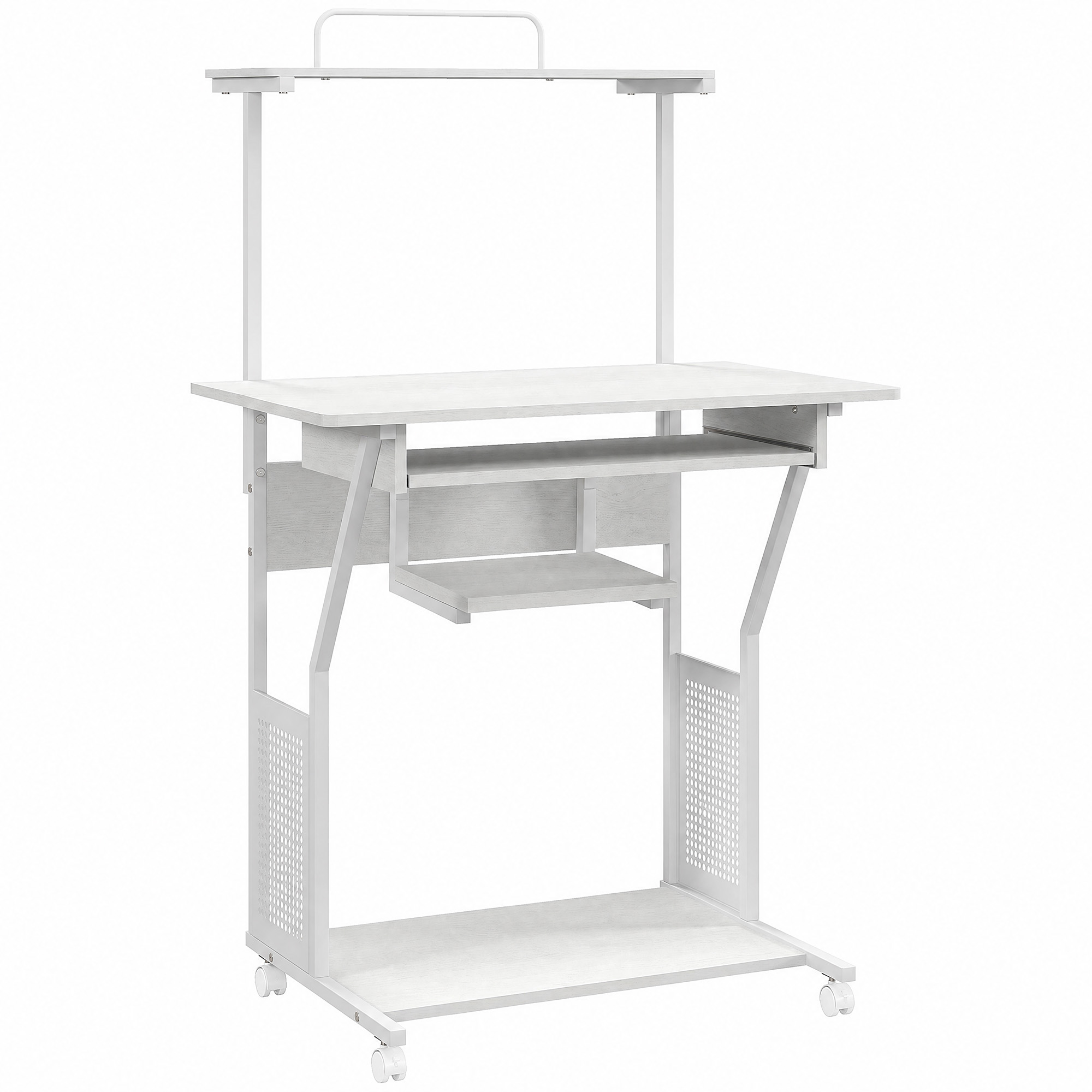 HOMCOM Mesa Escritorio de Ordenador Móvil con Bandeja para Teclado Estante para CPU Estantes y Ruedas 80x50x130 cm Blanco
