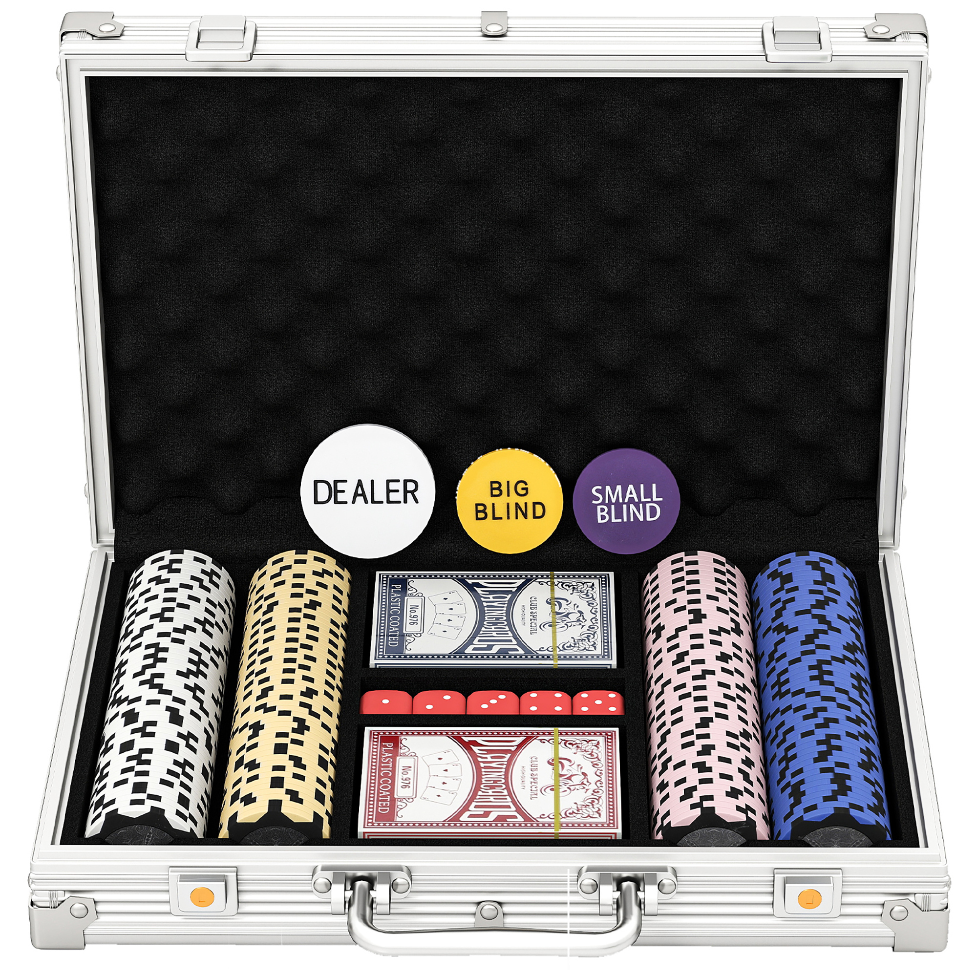 SPORTNOW Pokerchips-set in Draagkoffer 200 Clay Chips met Casino Kwaliteit Incl. Dobbelstenen 2 Kaartspellen en Dealerbutton Zilverkleurig | Aosom.nl