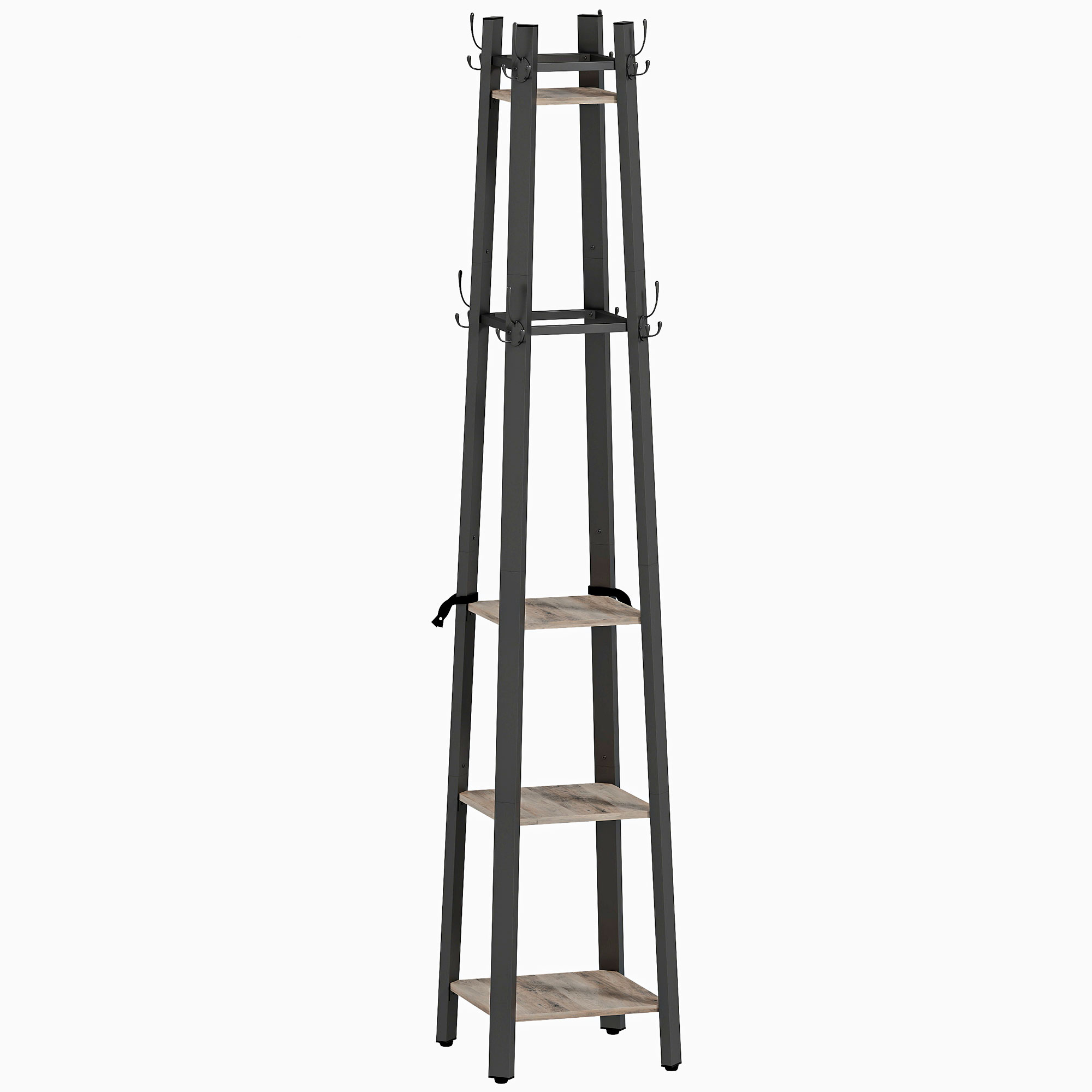 HOMCOM Industrial-Style Four Shelf Coat Stand – Grey/Black