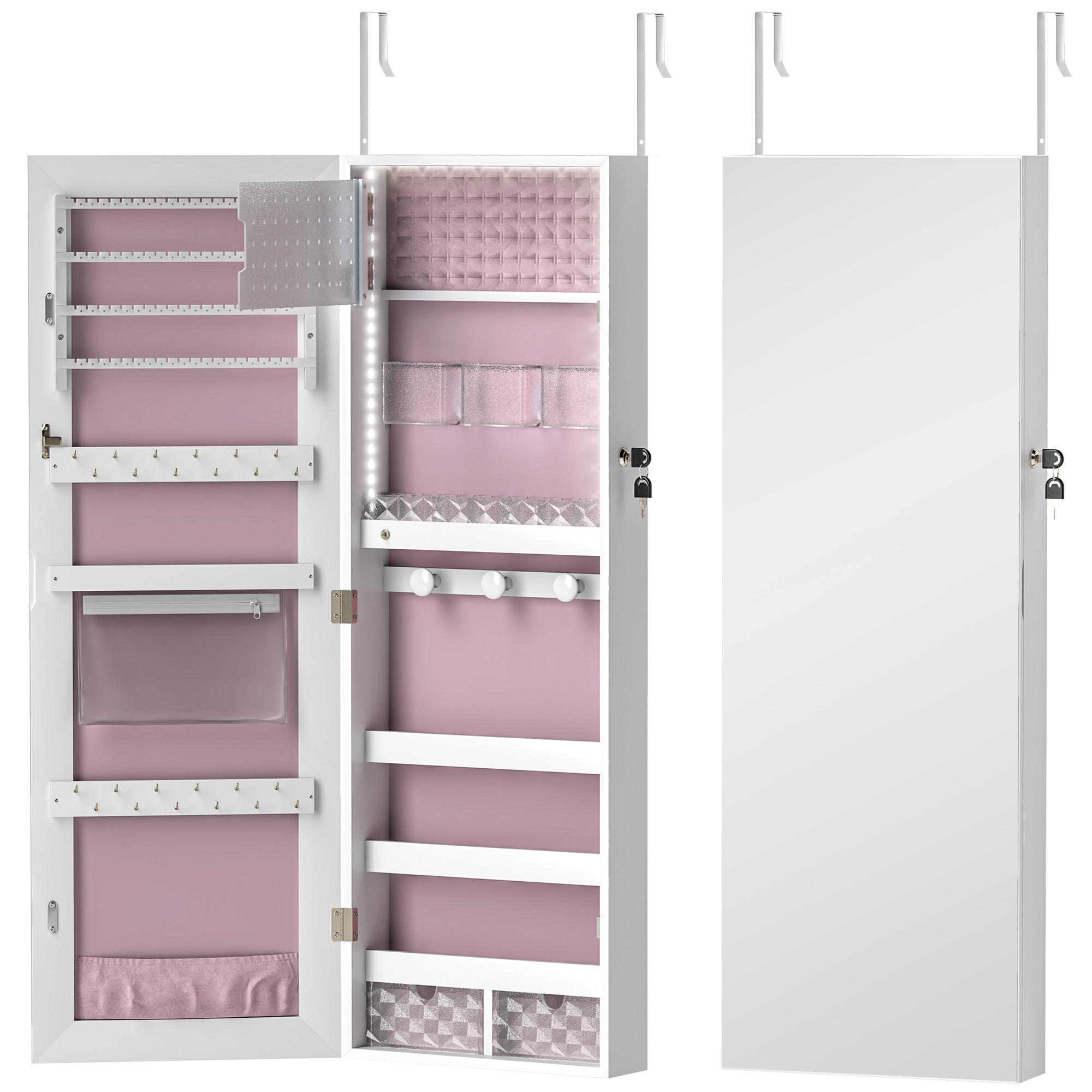 HOMCOM 108 x 37cm Lockable Jewellery Cabinet, with LED Lights – White Surface and Pink Lining HOMCOM 108 x 37cm Lockable Jewellery Cabinet, with LED Lights – White Surface and Pink Lining