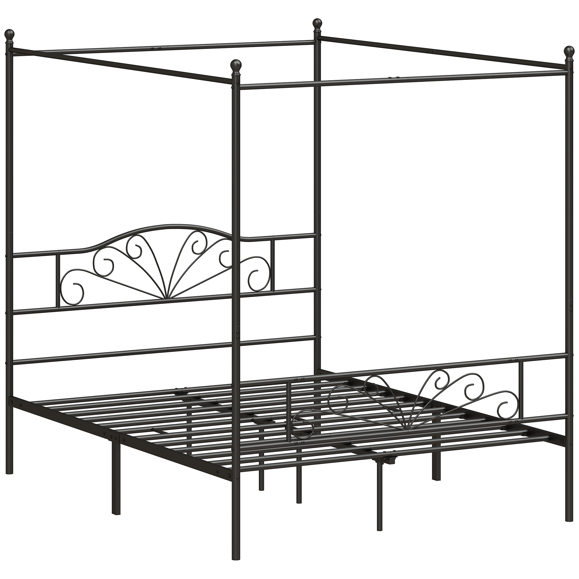 Homcom Black Canopy Bed Frame King Size, Metal Platform Bed Frame With Headboard And Footboard, Underbed Storage,