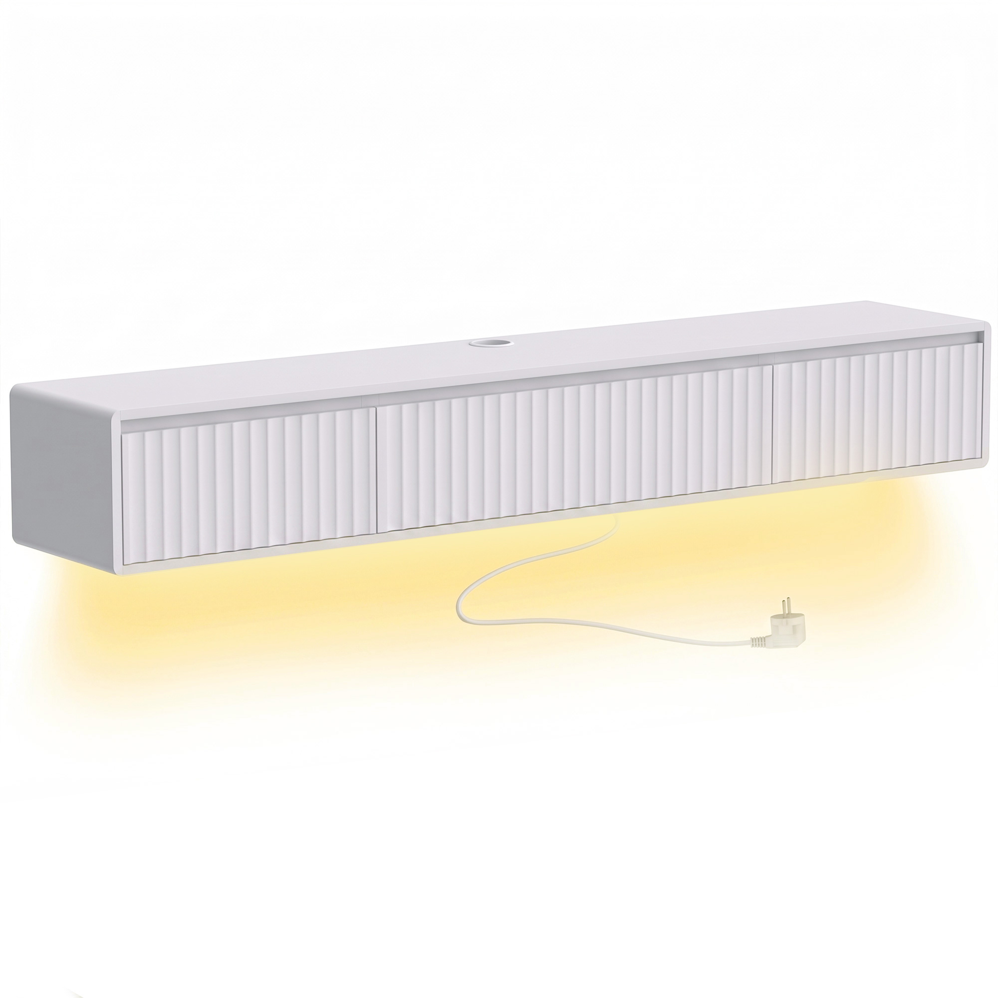 HOMCOM Schwebendes Wand-TV-Board 160 cm mit LED-Beleuchtung und Steckdosen, TV-Möbel für Fernseher bis 182,88 cm, gerillte Klapptür und 2 Schubladen, Wand-TV-Bank für Wohnzimmer, Schlafzimmer, Weiß Aosom