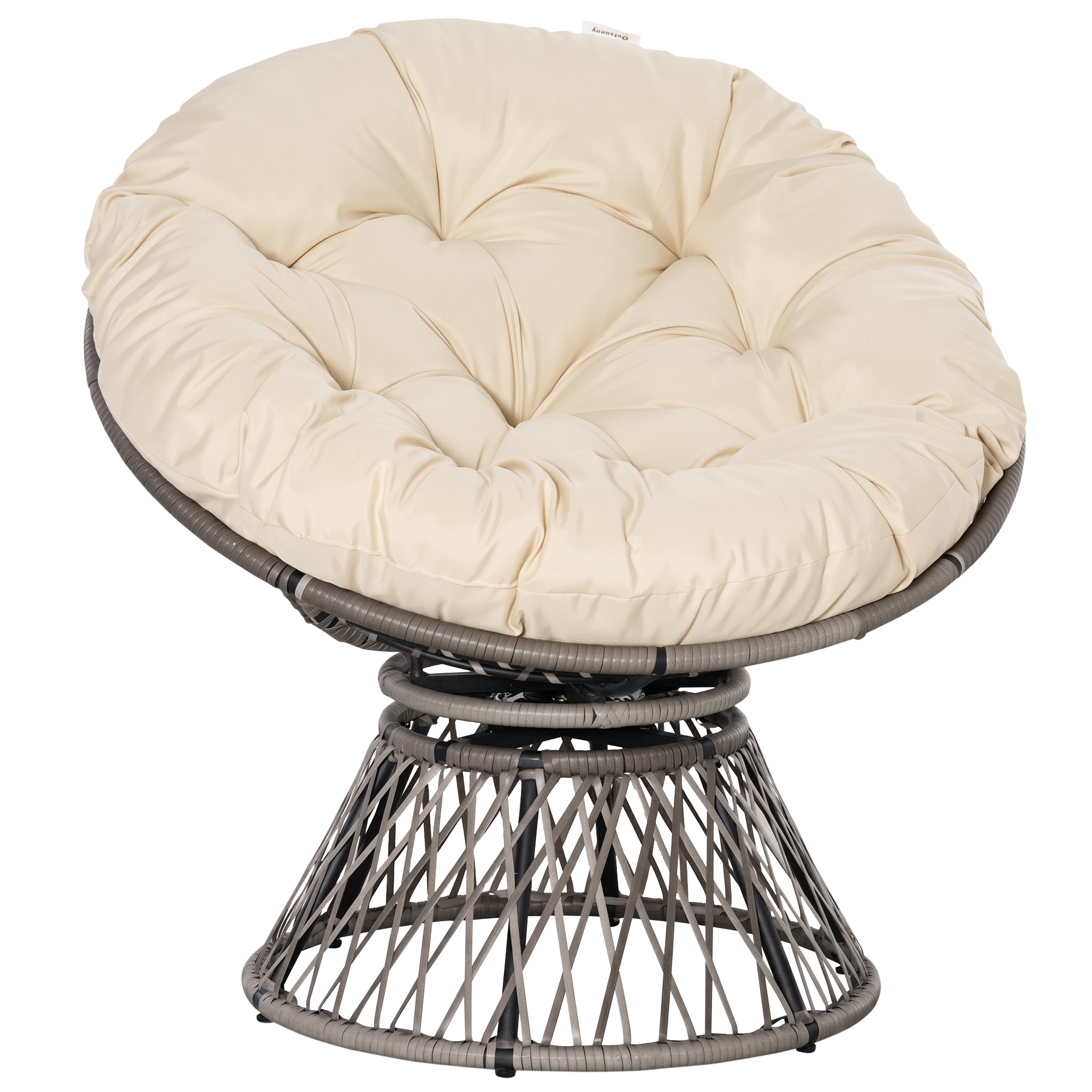 Outsunny Sillón Papasan Giratorio de Ratán Sintético con Cojín Carga 160 kg para Exterior Jardín Terraza 87x97x90 cm Gris y Crema | Aosom España