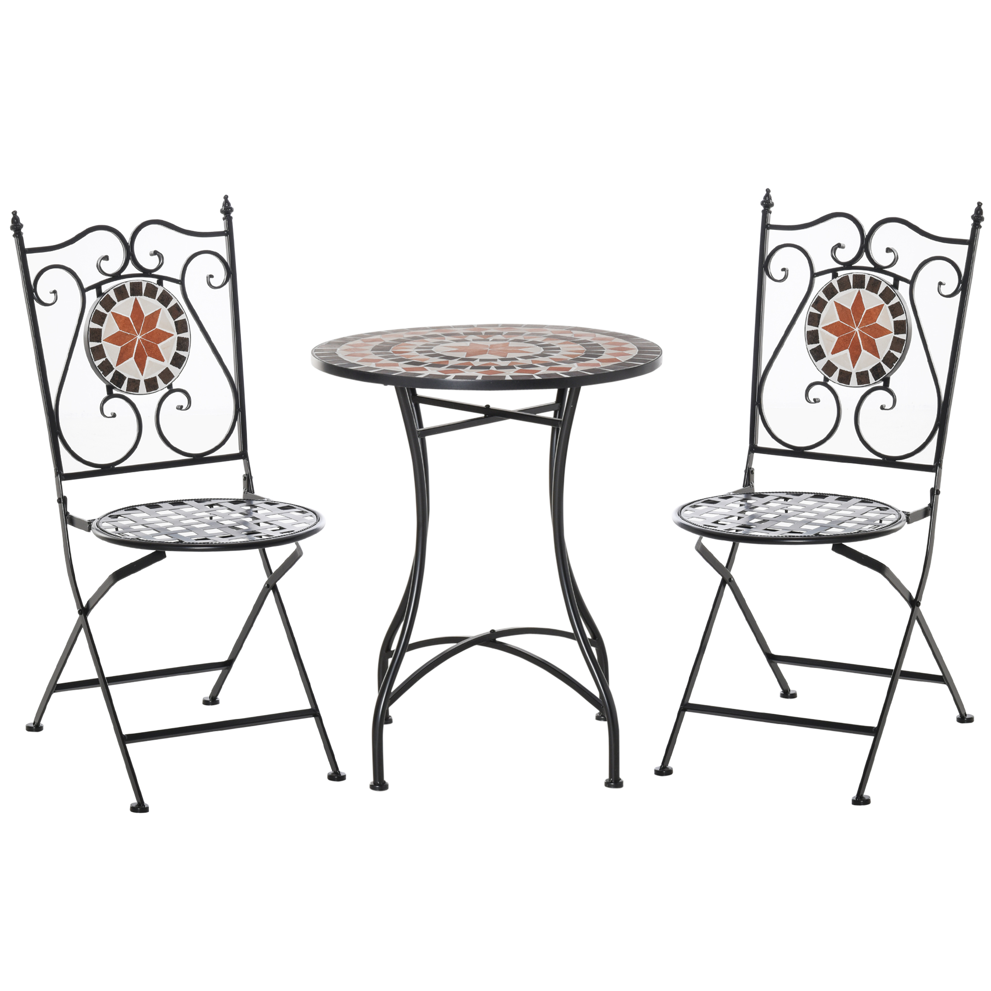 Outsunny Tuinset, 3-delige mozaïektafel met 2 opklapbare, metalen stoelen, weerbestendig en ruimtebesparend, 70 x 70 x 75 cm, Multicolor | Aosom.nl