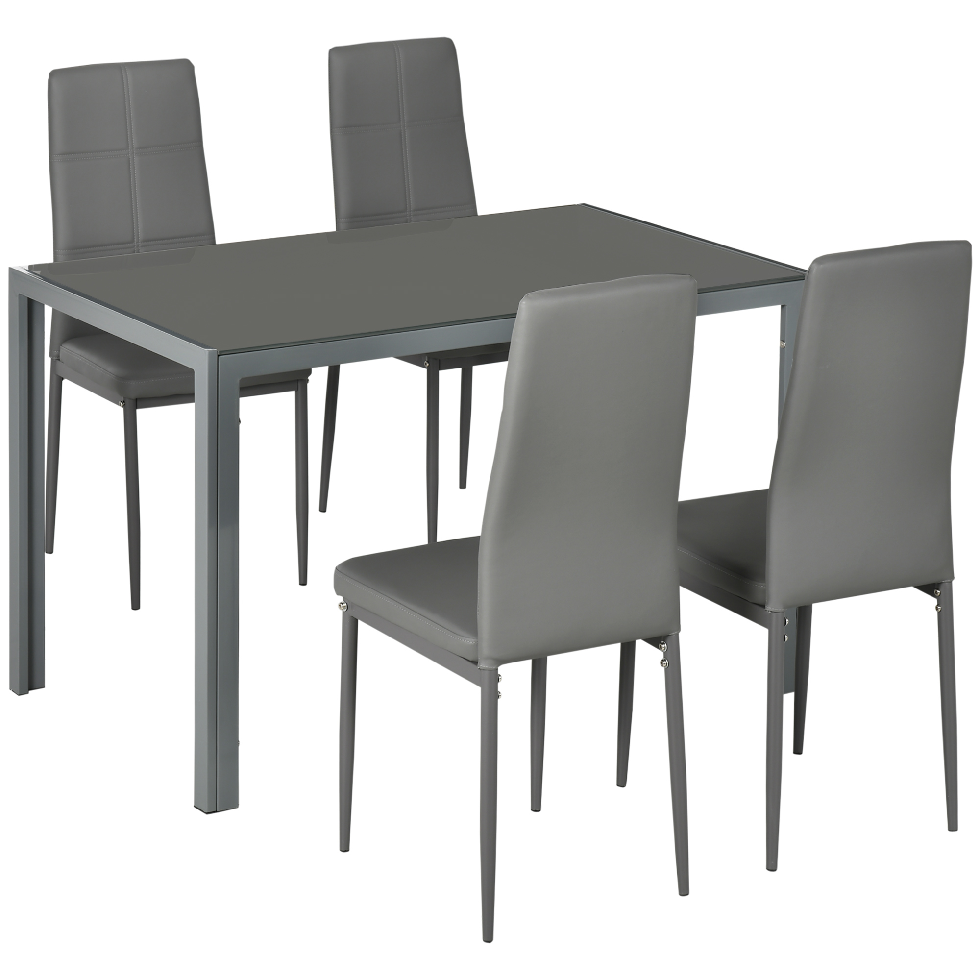 HOMCOM Conjunto de Comedor de Mesa y 4 Sillas 5 Piezas Mesa Rectangular de Vidrio Templado y Sillas Tapizadas en PU Gris