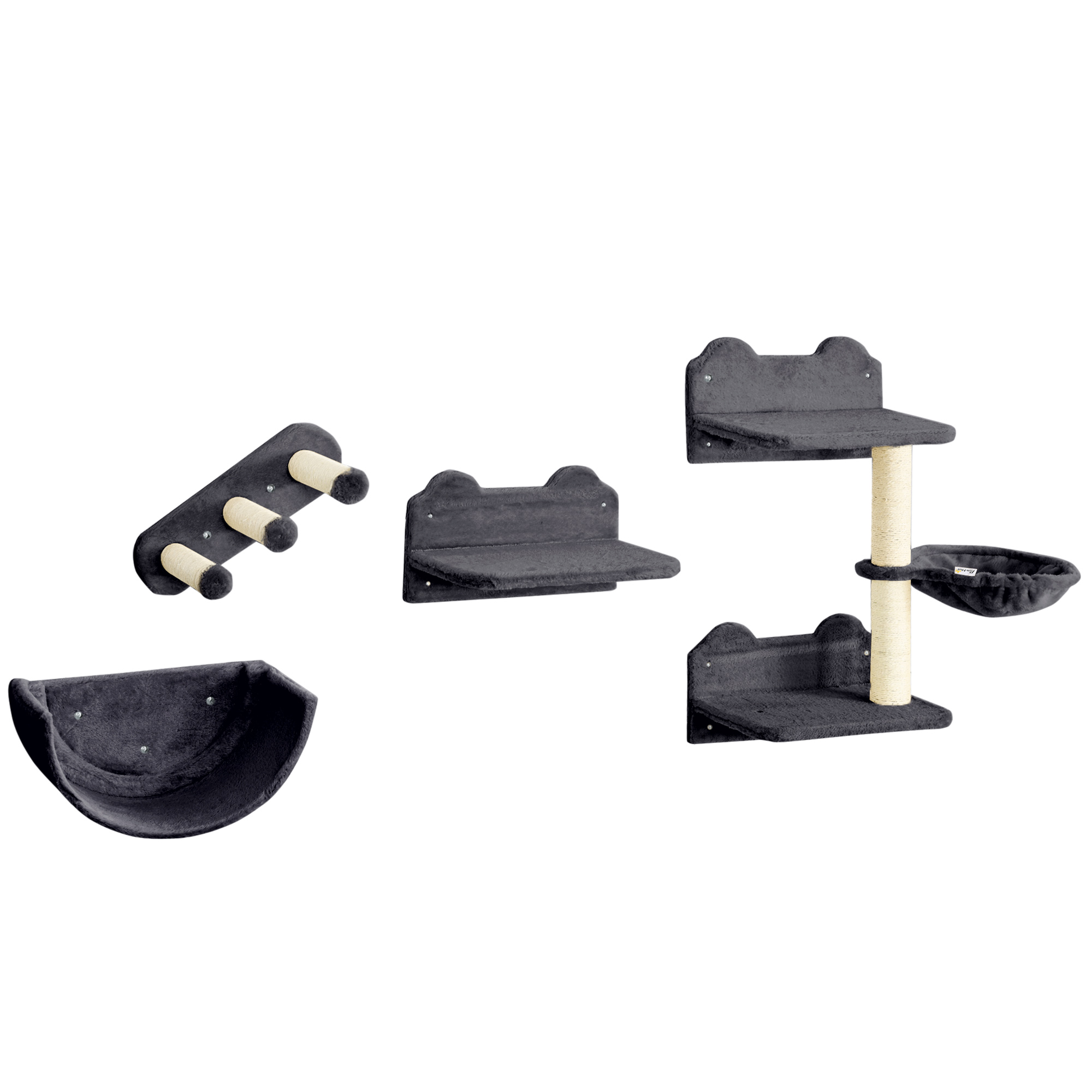 PawHut 4PCs Wall-Mounted Cat Shelves w/ Scratching Post, Hammock, Nest - Dark Grey   Aosom UK