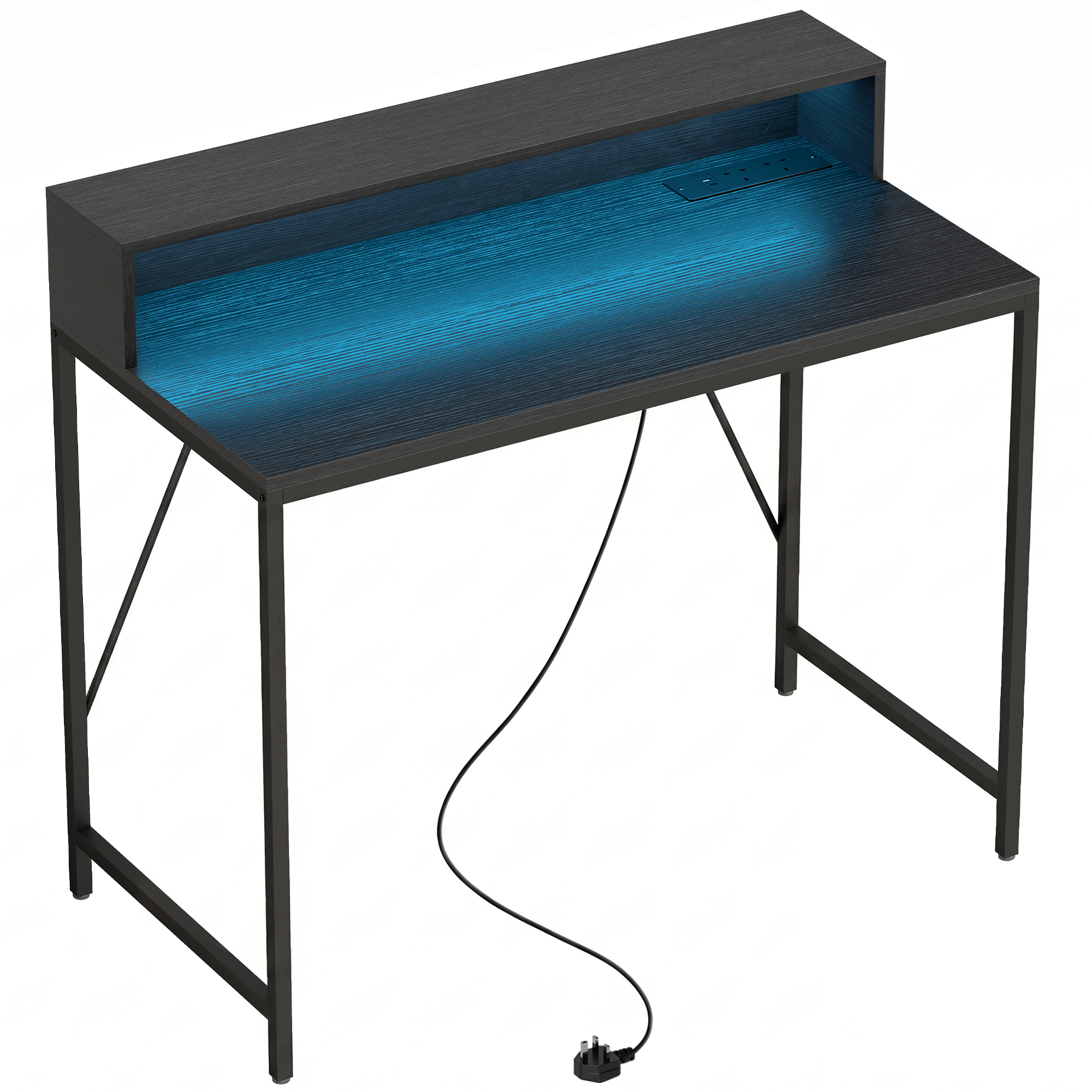 HOMCOM Gaming Desk, 100cm Computer Desk with LED Lights, Power Outlets, Monitor Stand and Remote, Black Wood-Effect
