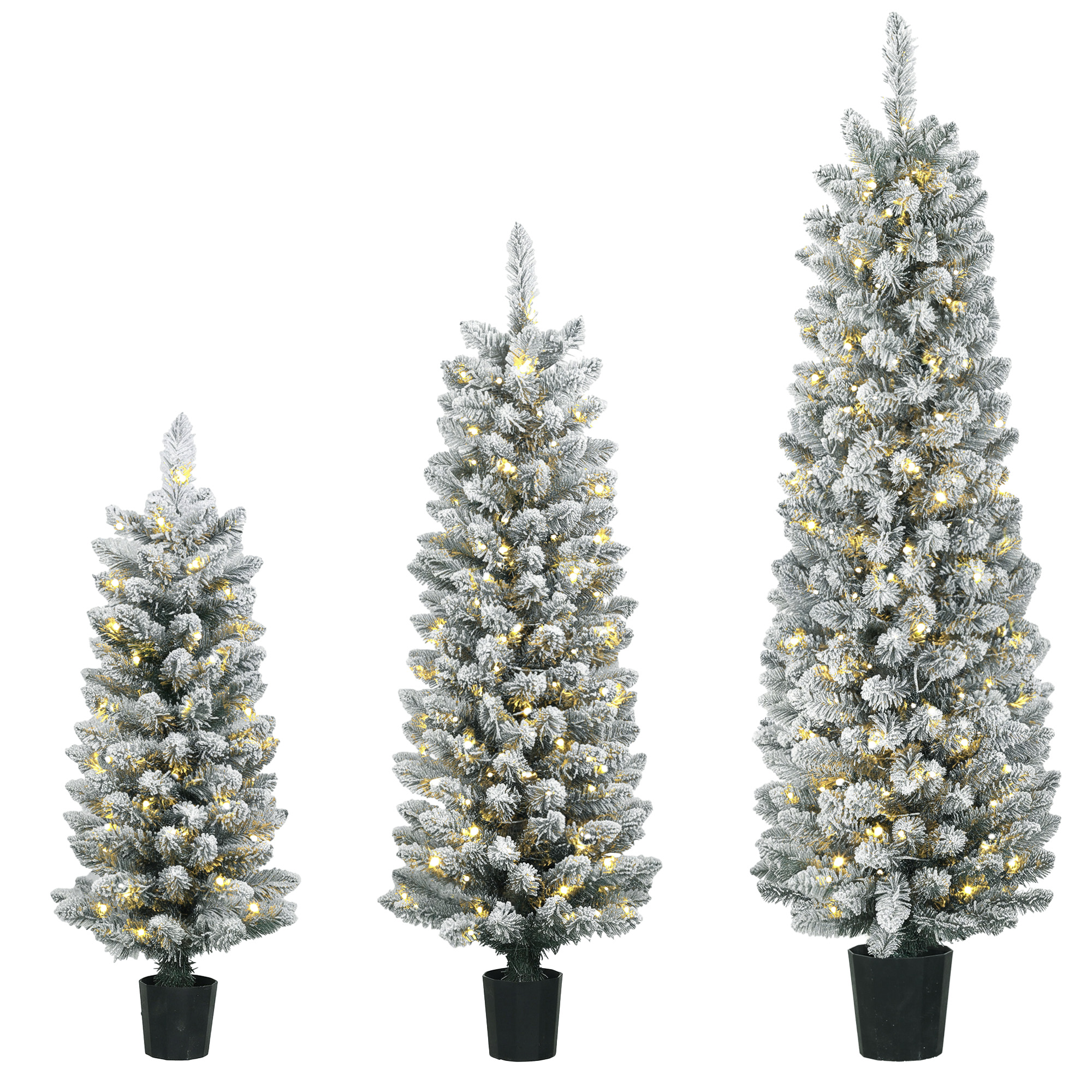 HOMCOM 3er-Set schneebeflockte LED-Weihnachtsbäume, schmal, 90/120/150 cm, mit PVC-Zweigen, warmweißen Lichtern und 8 Modi Aosom