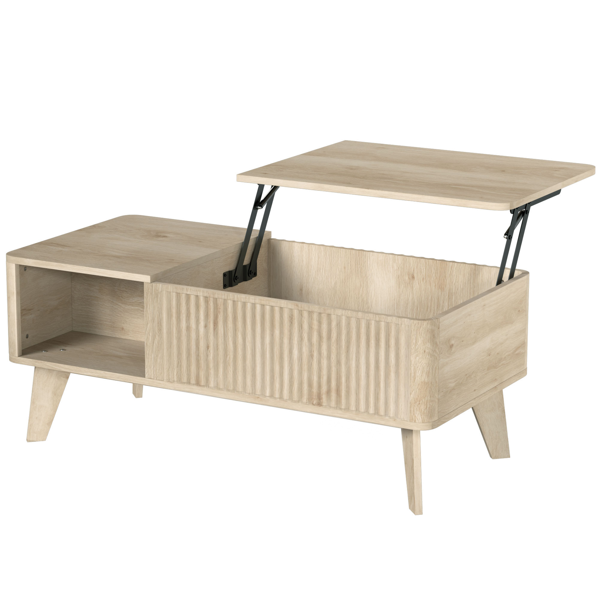 HOMCOM Table Basse Relevable, Compartiment Caché, 2 Étagères Ouvertes, Coins Arrondis, Style Mid-Century, 100x48x41cm, Chêne HOMCOM Table Basse Relevable, Compartiment Caché, 2 Étagères Ouvertes, Coins Arrondis, Style Mid-Century, 100x48x41cm, Chêne