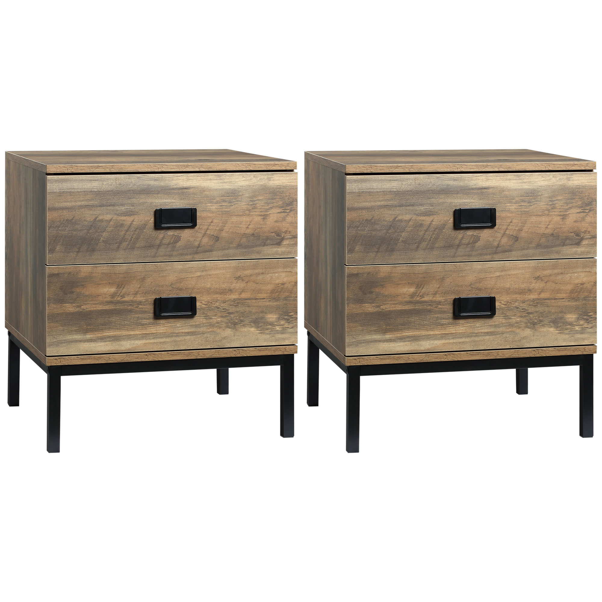 HOMCOM Retro Bedside Units: Metal Frame Side Tables with 2 Drawers, Set of 2, Coffee Tone   Aosom UK