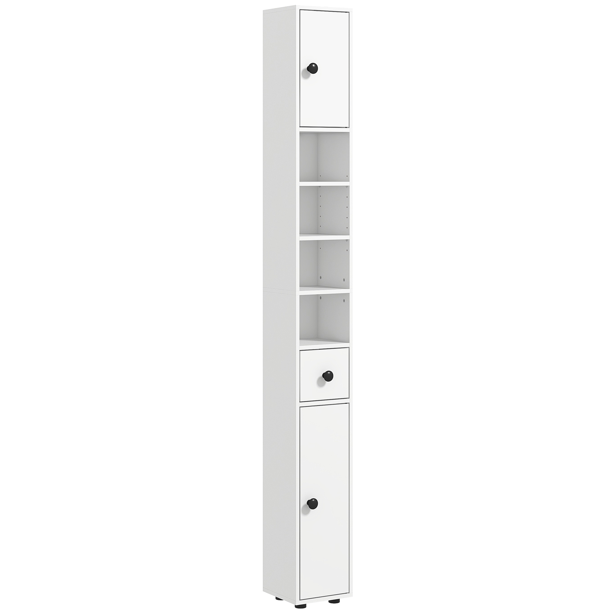 kleankin Mueble Auxiliar Baño Moderno con 1 Cajón 5 Estantes y 2 Armarios para Salón Dormitorio Carga 30 kg 20x20x180 cm Blanco | Aosom España