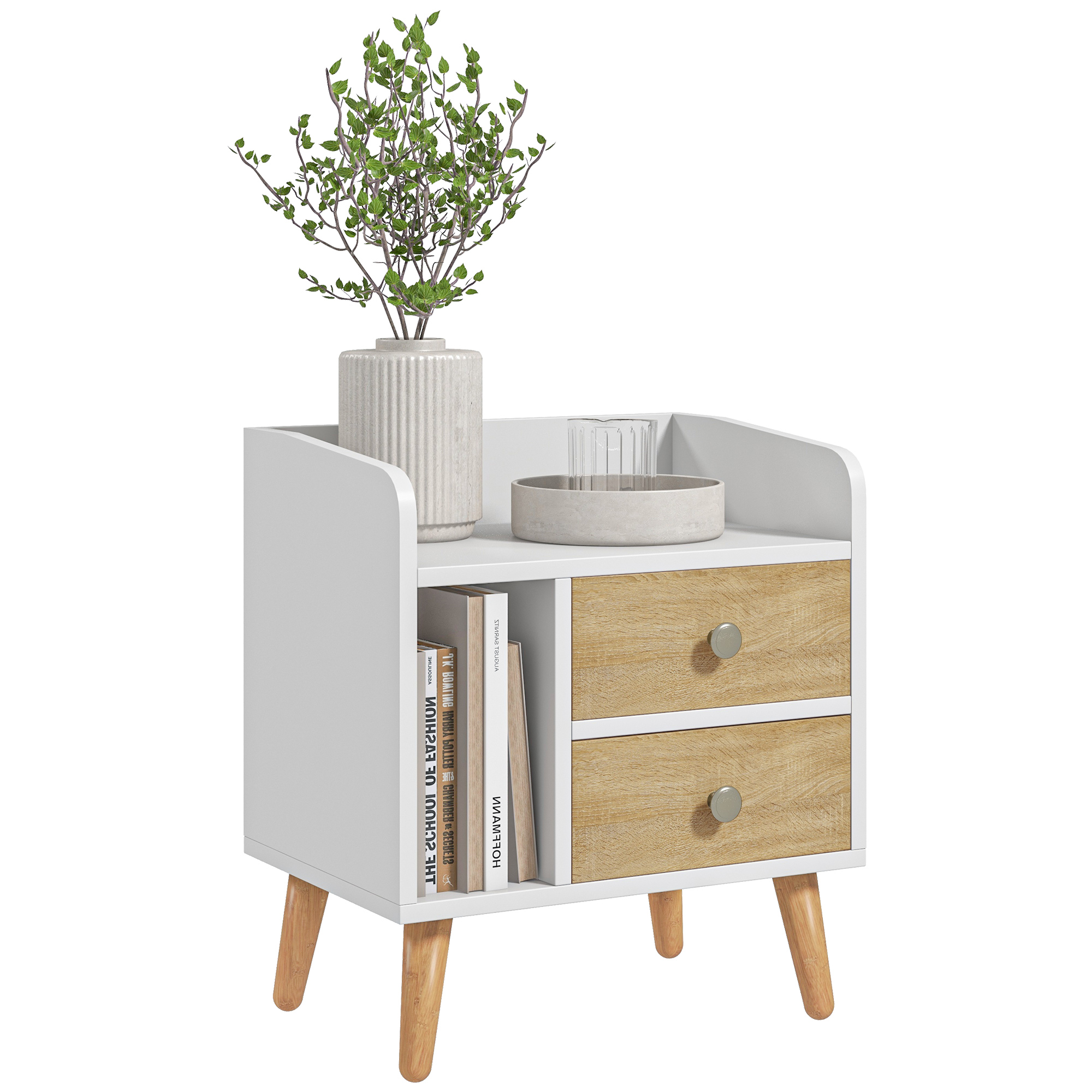 HOMCOM Mesita de Noche Multifuncional con 2 Cajones y 1 Estante Abierto Patas Elevadas de Pino Diseño Nórdico 43x30x49 cm Blanco | Aosom España