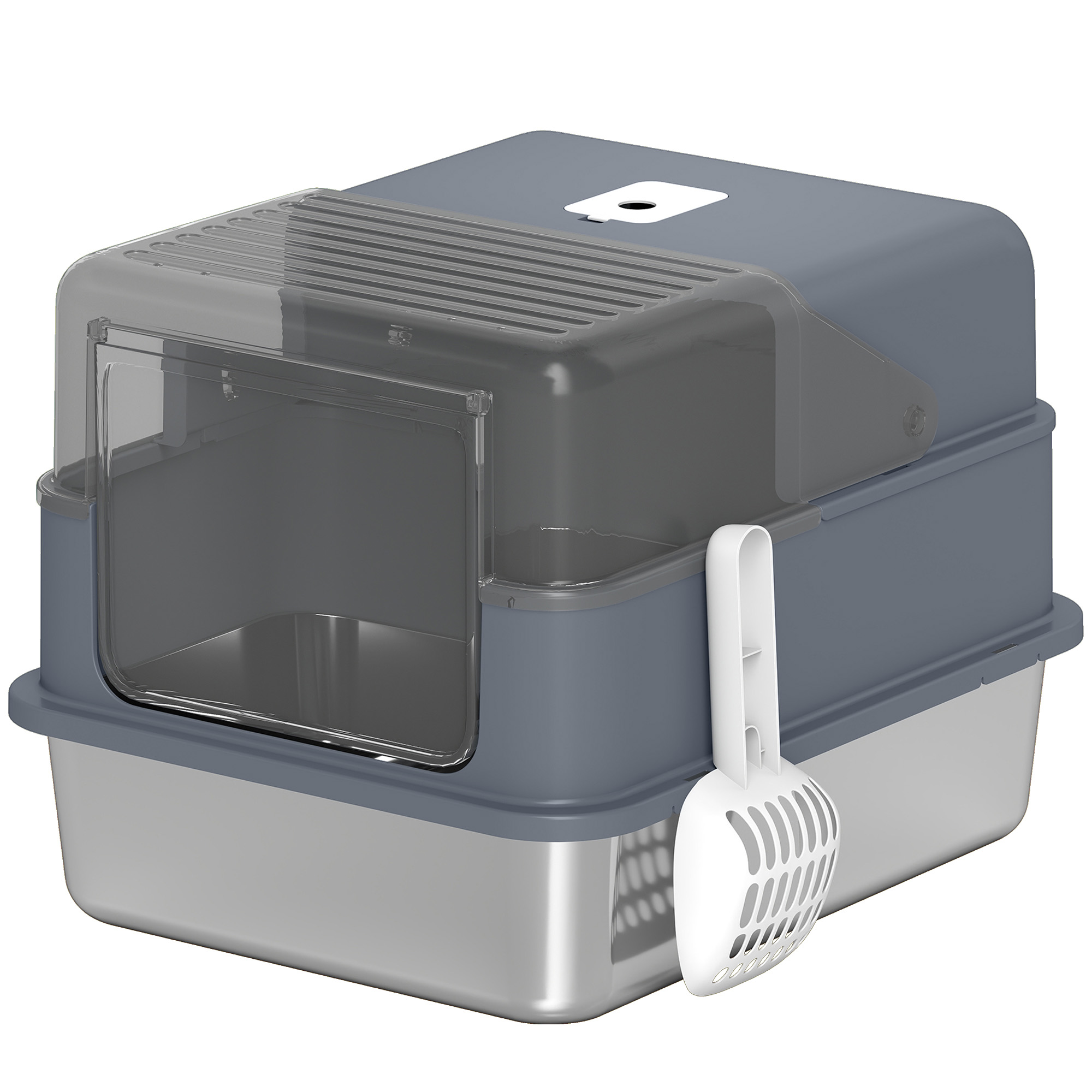 PawHut Katzentoilette aus Edelstahl M, 2-in-1 geschlossen/halb-offen, abnehmbare Haube, hoher Rand, Schaufel, Deo-Beutel, leicht zu reinigen, auslaufsicher, antihaft, Grau   Aosom