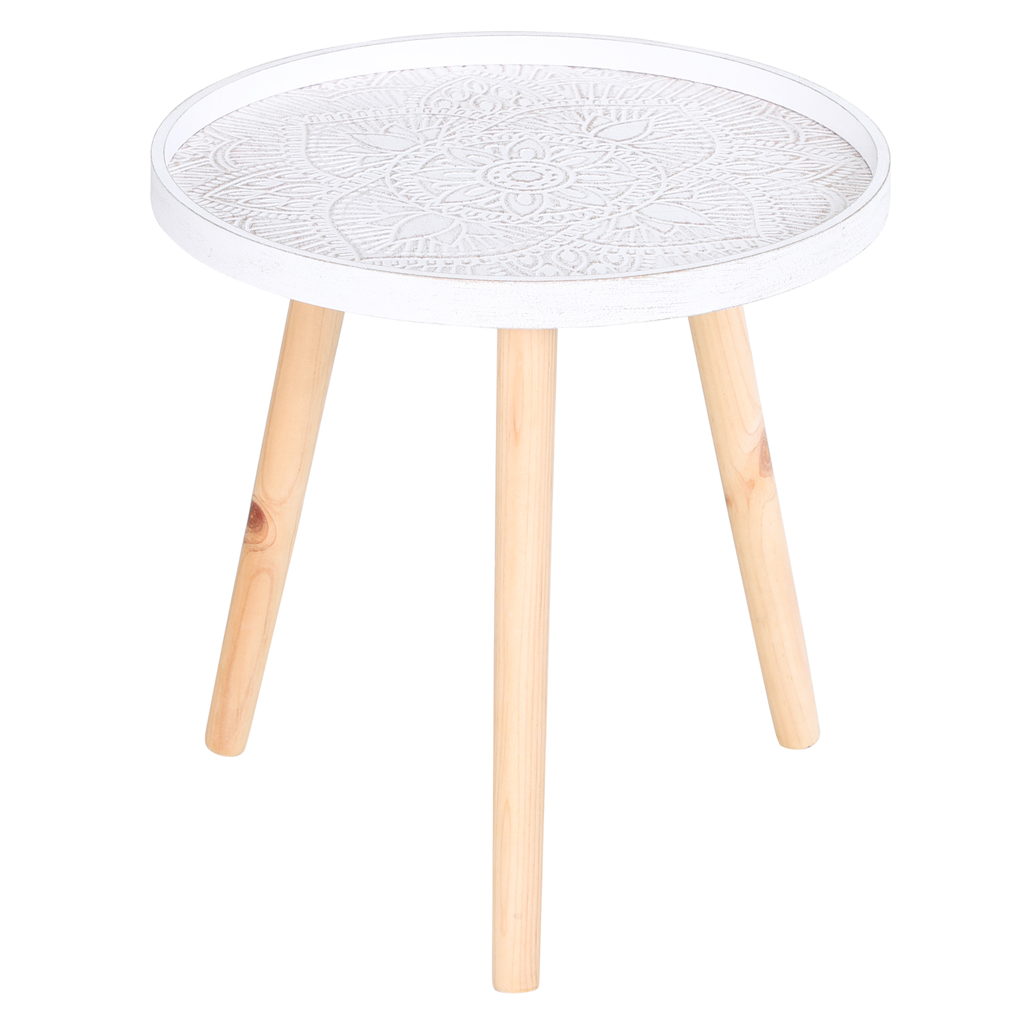 HOMCOM Elegant Flower Etched Side Table with Saucer Top, Wood Legs, for Living Room Bedroom, Coffee End Table, White   Aosom UK