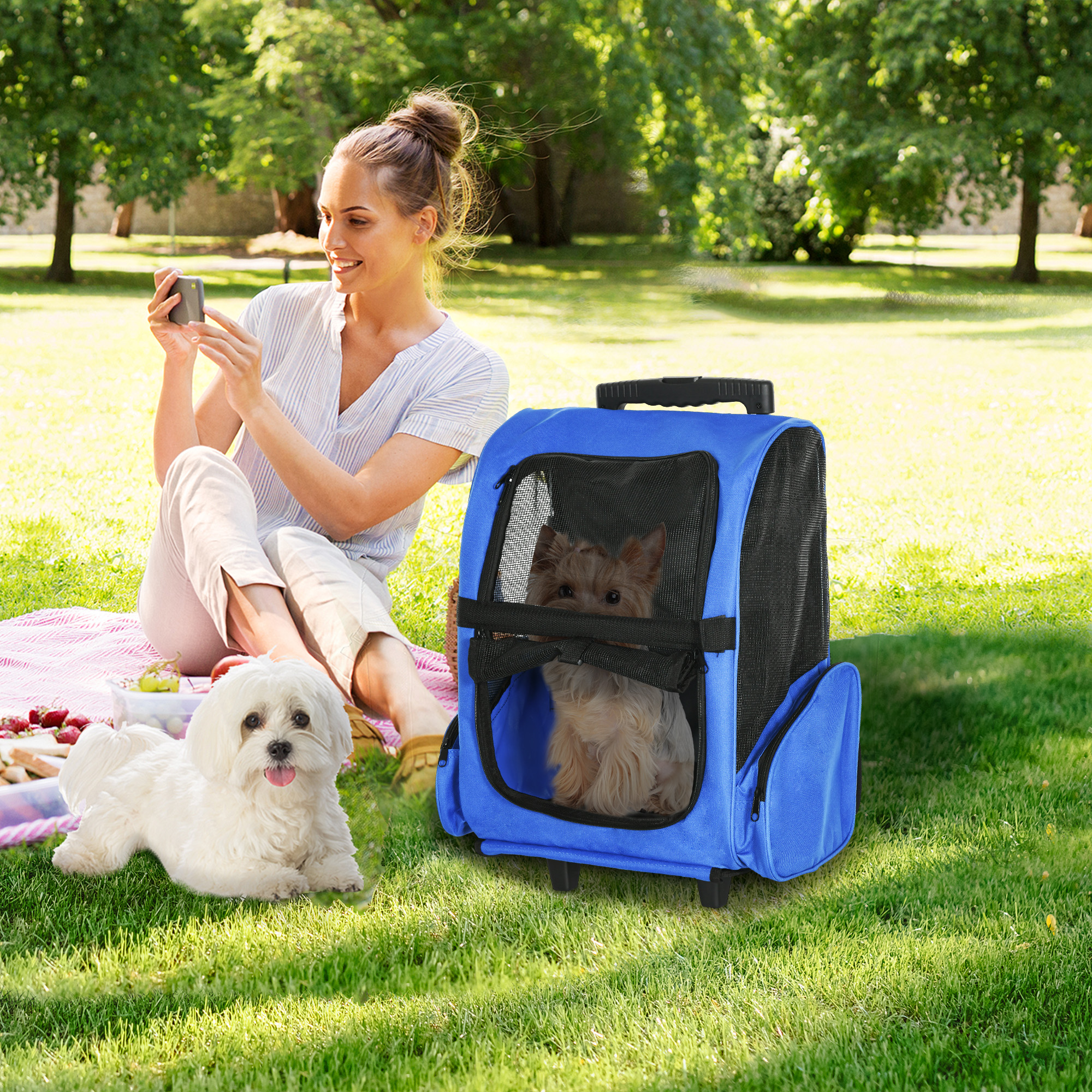 PawHut 2 in 1 Dog Backpack and Trolley, Pet Travel Backpack Cat Dog Carrier with Telescopic Handle, Portable Pet Stroller Wheel Luggage Bag (Blue) PawHut 2 in 1 Dog Backpack and Trolley, Pet Travel Backpack Cat Dog Carrier with Telescopic Handle, Portable Pet Stroller Wheel Luggage Bag (Blue)