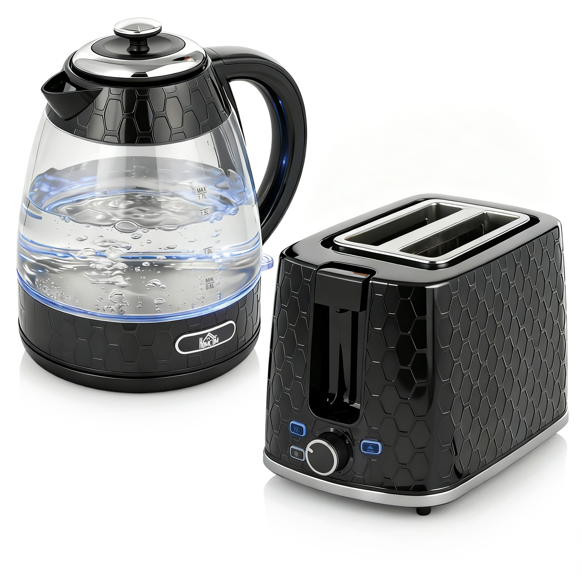 HOMCOM Kettle and Toaster Set, 1.7L 3000W Rapid Kettle with Limescale Filter, 2 Slice Toaster with 7 Browning Controls, Black HOMCOM Kettle and Toaster Set, 1.7L 3000W Rapid Kettle with Limescale Filter, 2 Slice Toaster with 7 Browning Controls, Black