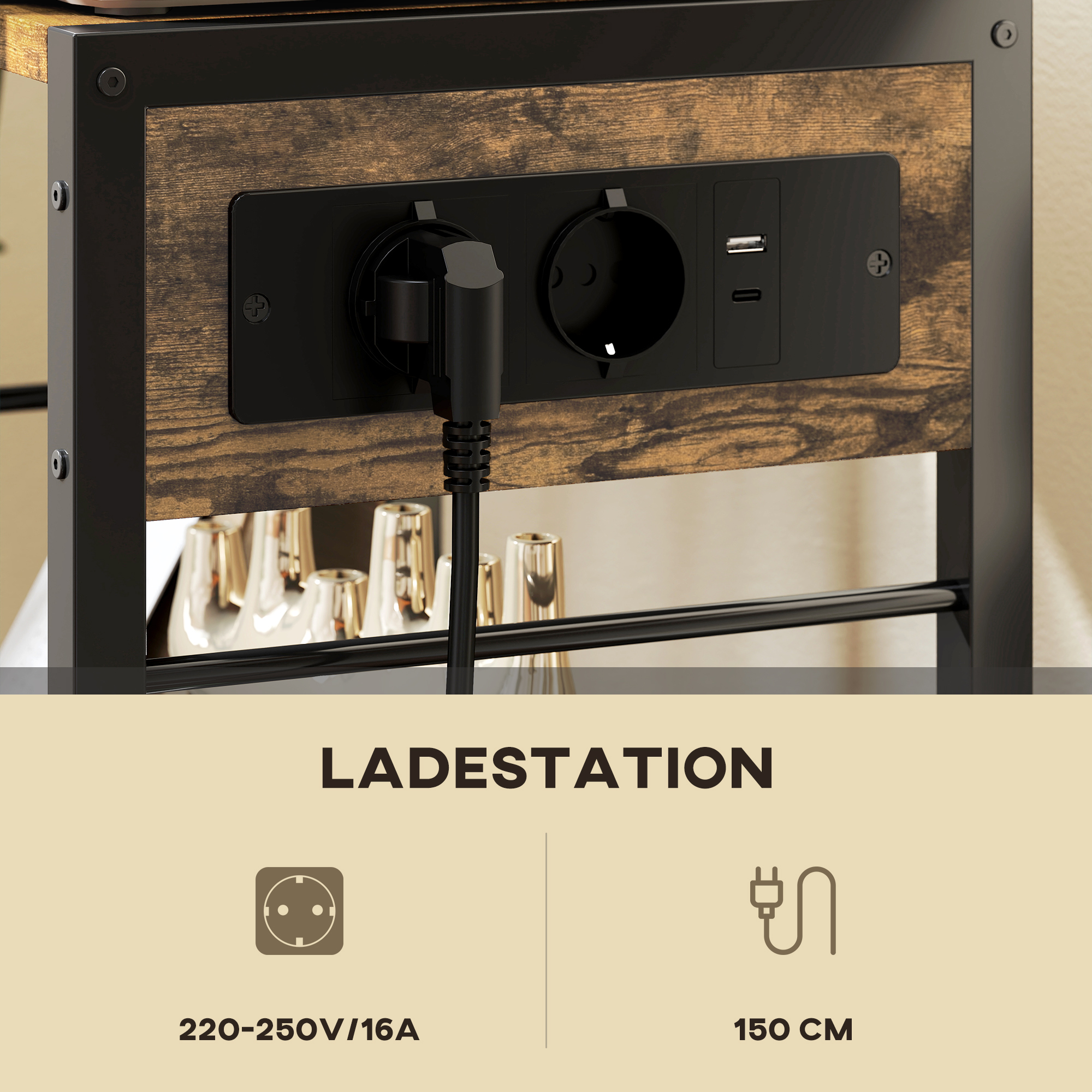 Printerialus/printeririiul ratastega, pistikupesade, USB ja USB-C portidega, kuni 40 kg, maalähedane pruun
