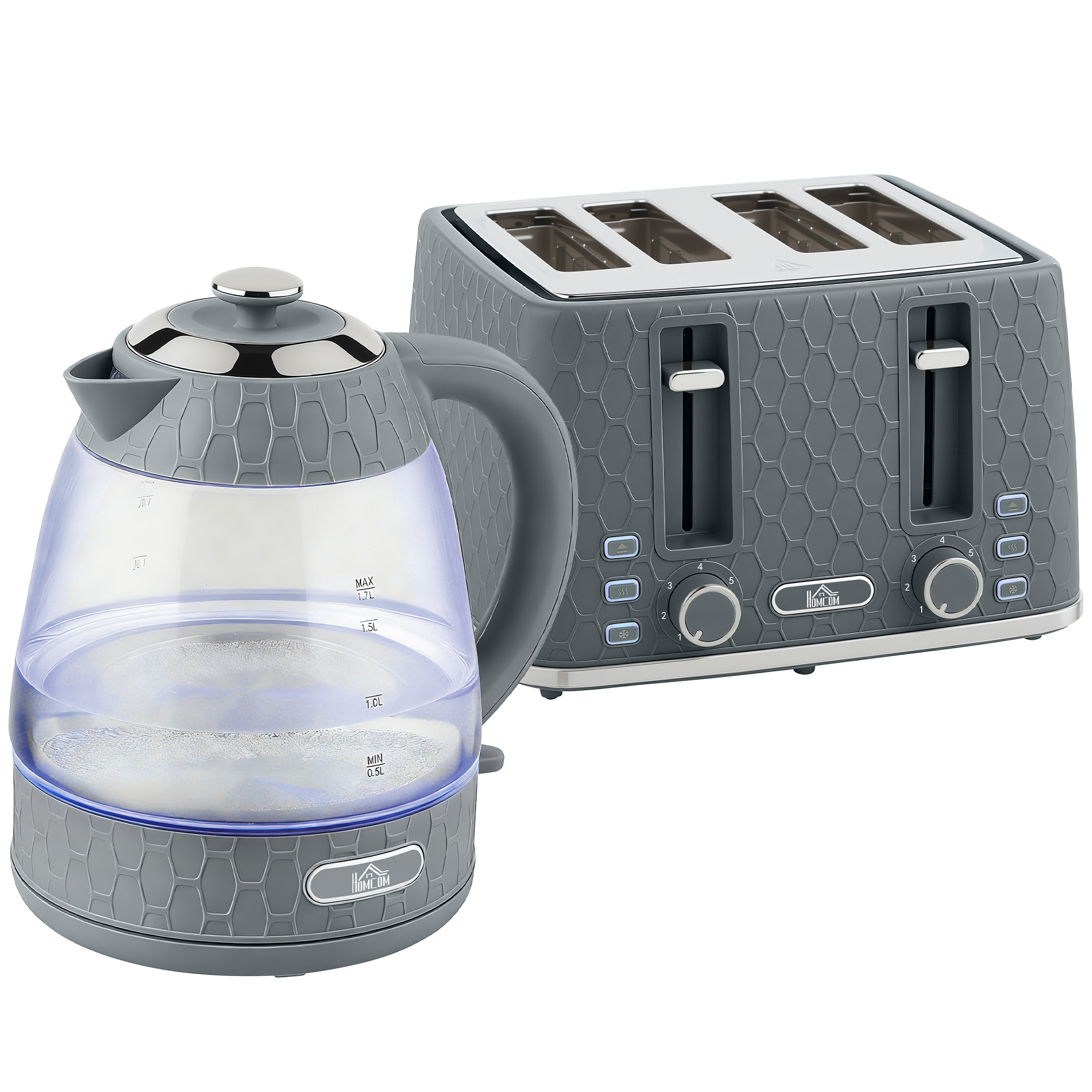 HOMCOM Kettle and Toaster Set, 1.7L 3000W Rapid Kettle with Strix Thermostat, 4 Slice Toaster with 7 Browning Controls, Grey HOMCOM Kettle and Toaster Set, 1.7L 3000W Rapid Kettle with Strix Thermostat, 4 Slice Toaster with 7 Browning Controls, Grey
