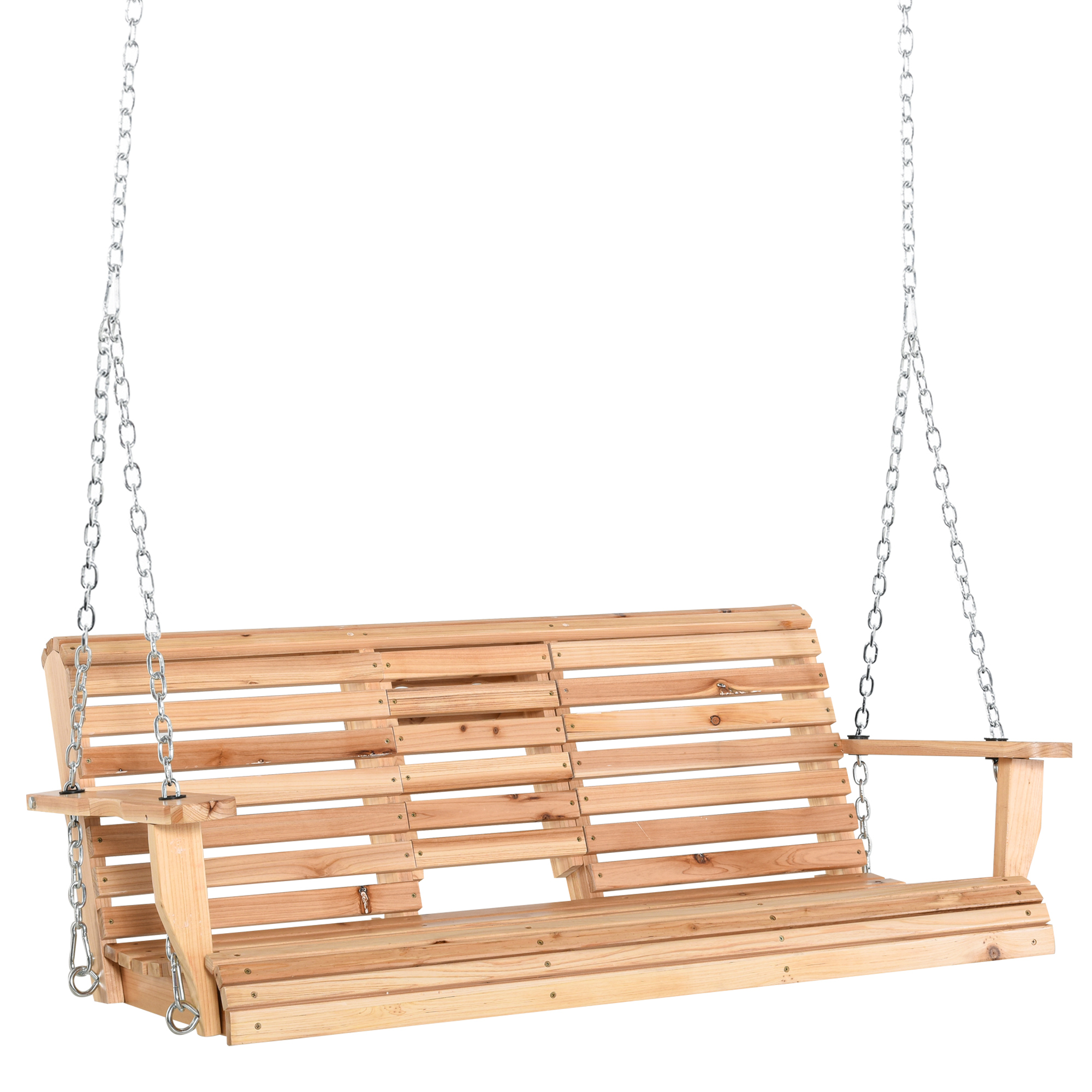 Outsunny Banco Colgante de Madera con Mesa de Centro Plegable 2 Portavasos y Reposabrazos Carga 200 kg 150x75x53 cm Natural | Aosom España