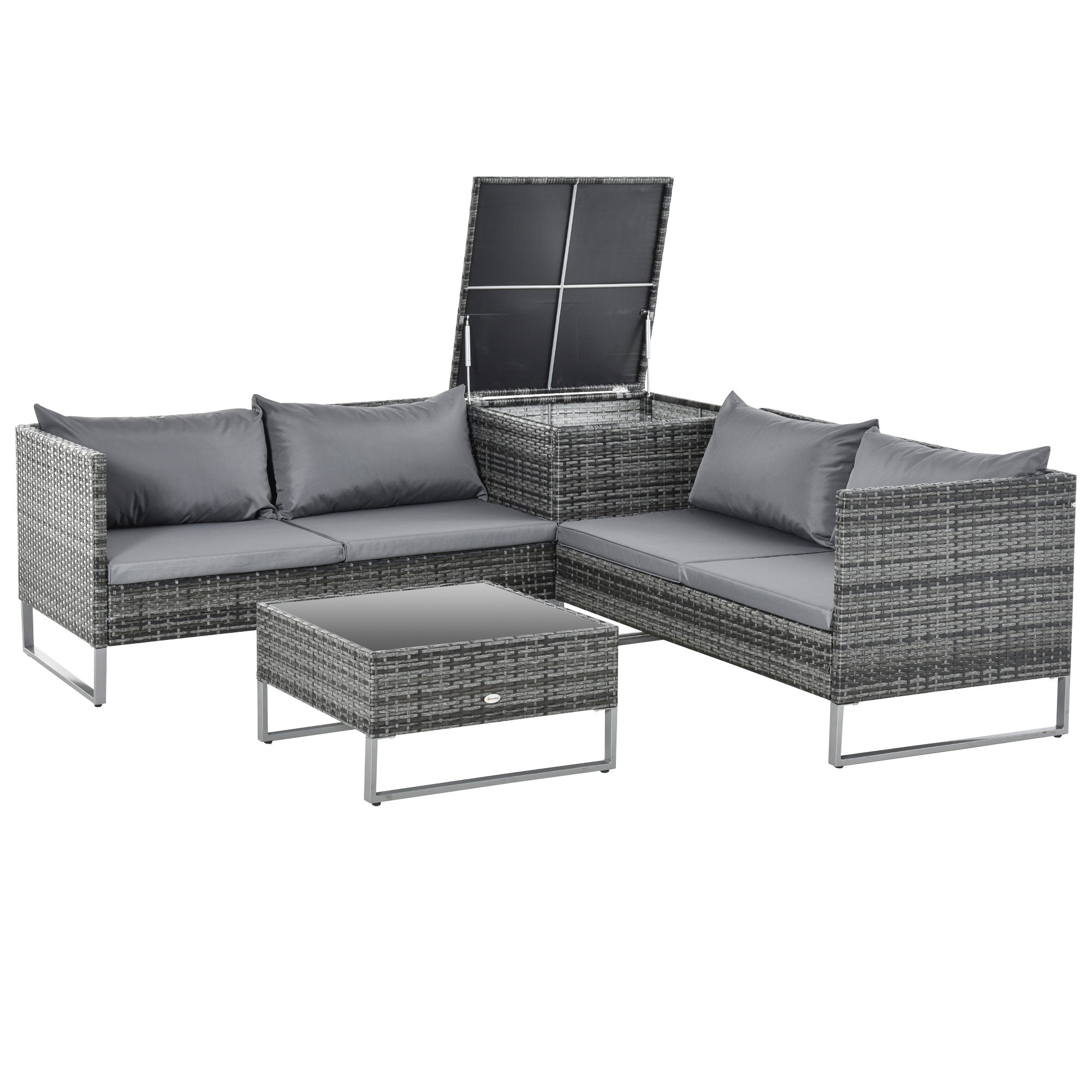 Outsunny Conjunto 4 Muebles de Jardín de Ratán con 2 Sofás Dobles Mesa Central con Arcón Cojines Extraíbles 132x69x64 cm | Aosom España