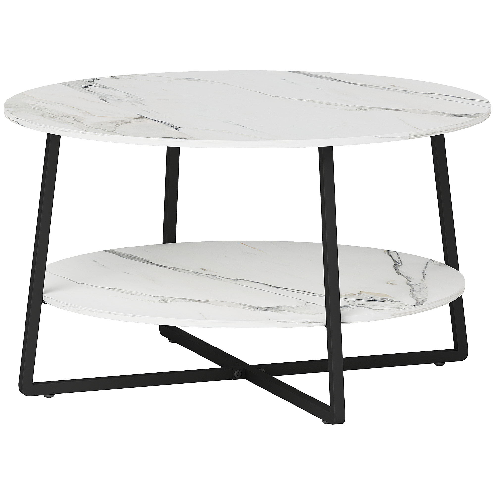 HOMCOM 2-Tier Round Coffee Table with Storage Shelf, Living Room Table with Marble Effect Top and Steel Frame, White   Aosom UK