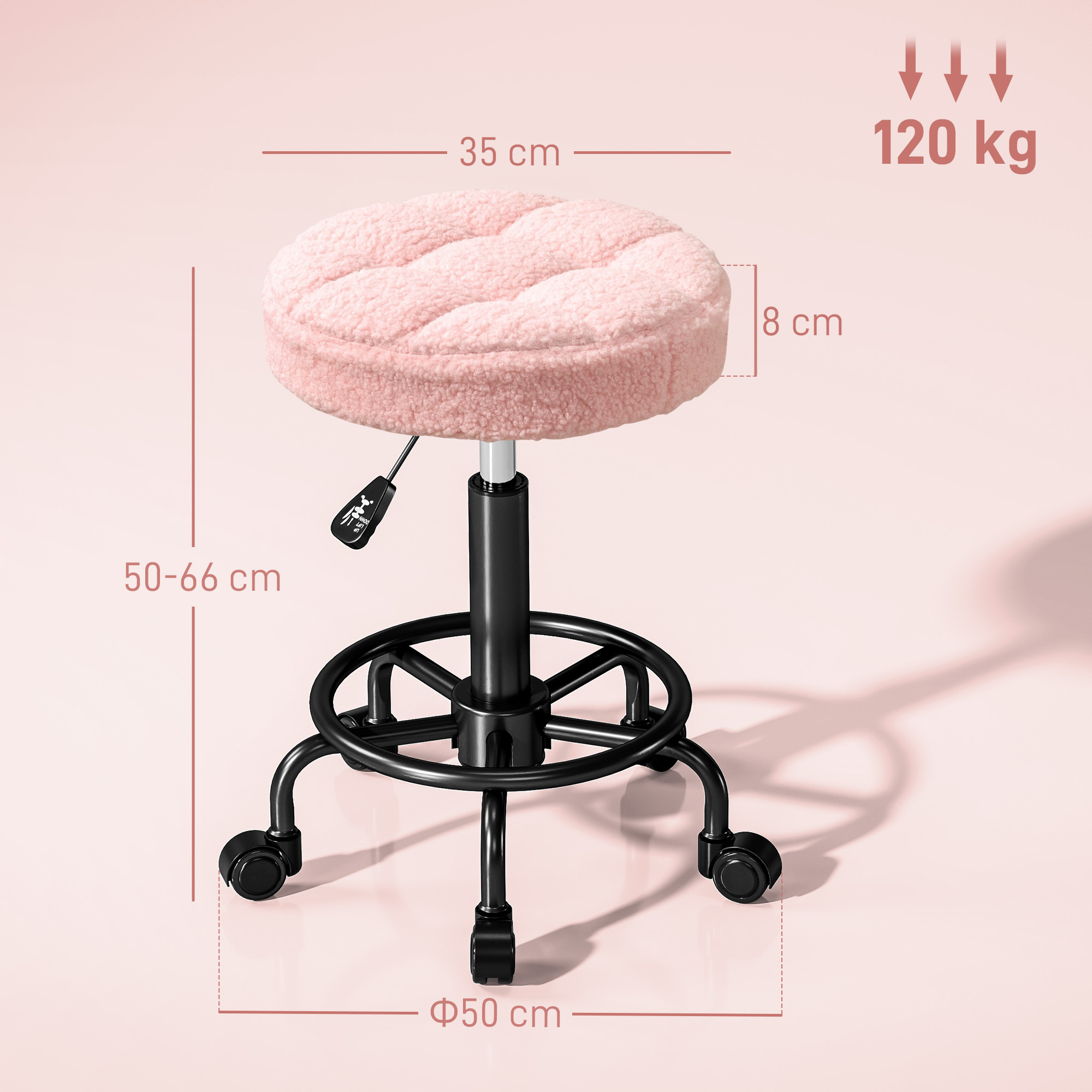 Kõrguse reguleeritava ratastega tool, pöörlev tool 55-66 cm, 360° pööratav töötool, Ø50 x 50-66 cm, roosa