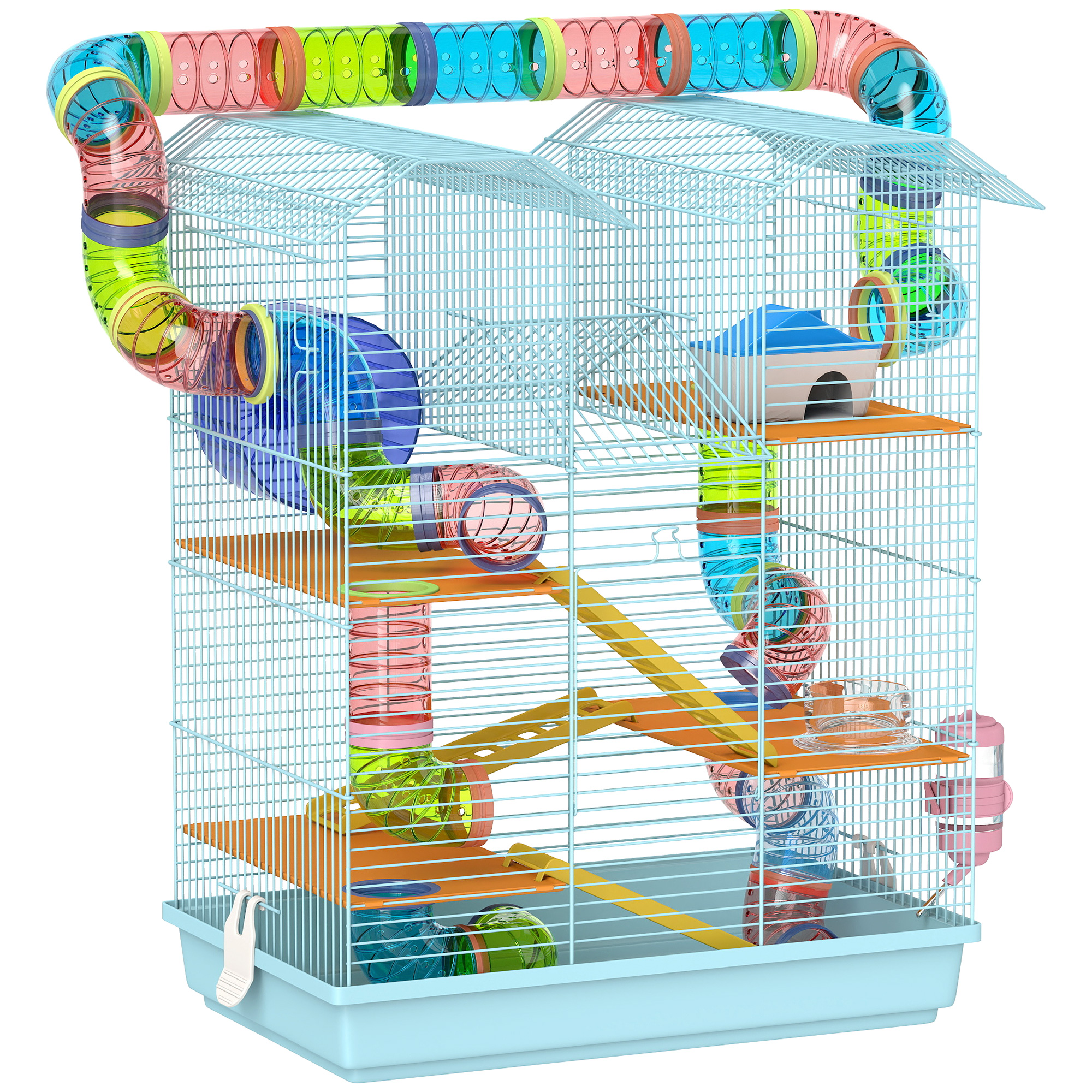 PawHut Jaula para Hámster de Múltiples Niveles con Tubos Plataformas Comedero Bebedero Casita Rueda Escaleras 47x30x59 cm Azul