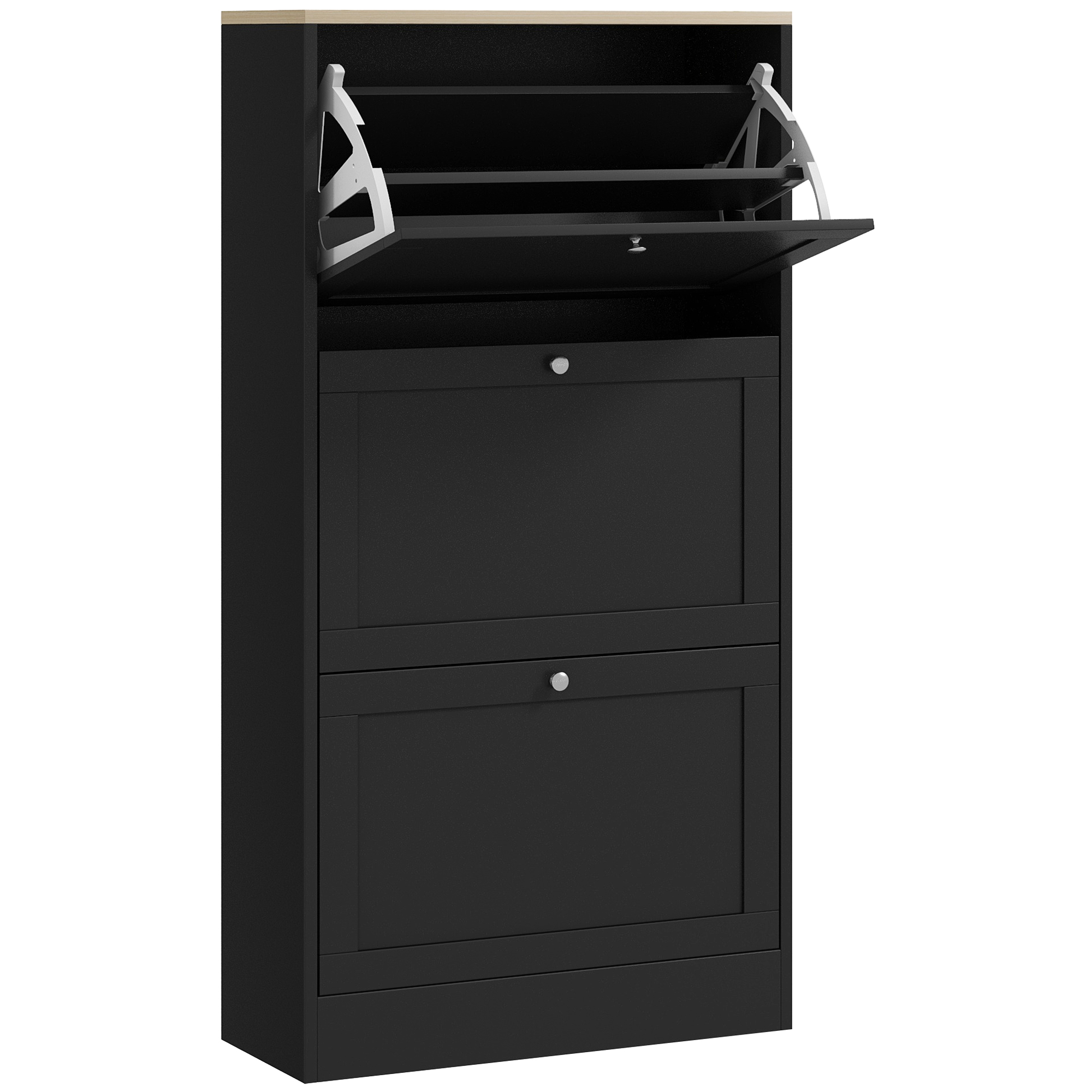 HOMCOM Mueble Zapatero Moderno con 3 Cajones Abatibles y Estantes Ajustables para 18 Pares de Zapatos 60x23,5x115 cm Negro