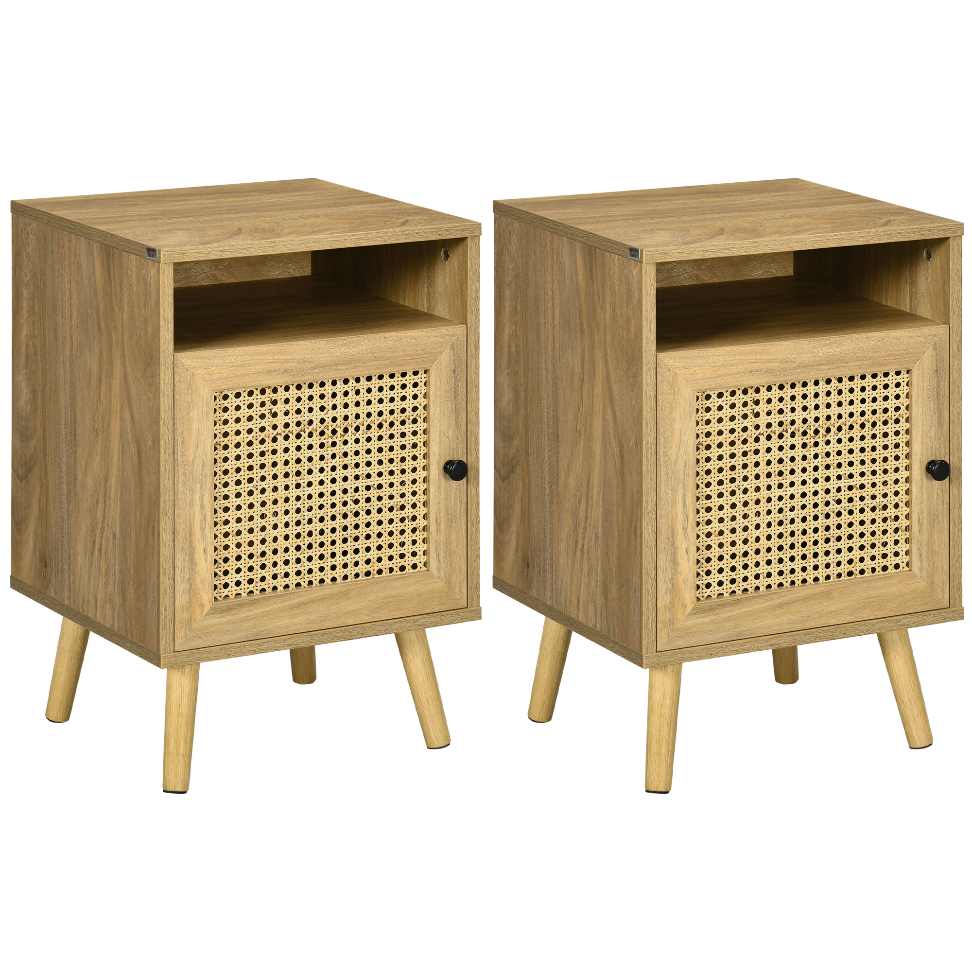 HOMCOM Juego de 2 Mesillas de Noche con Puerta de Ratán y Estante Abierto para Dormitorio Salón 39x35x60 cm Natural | Aosom España