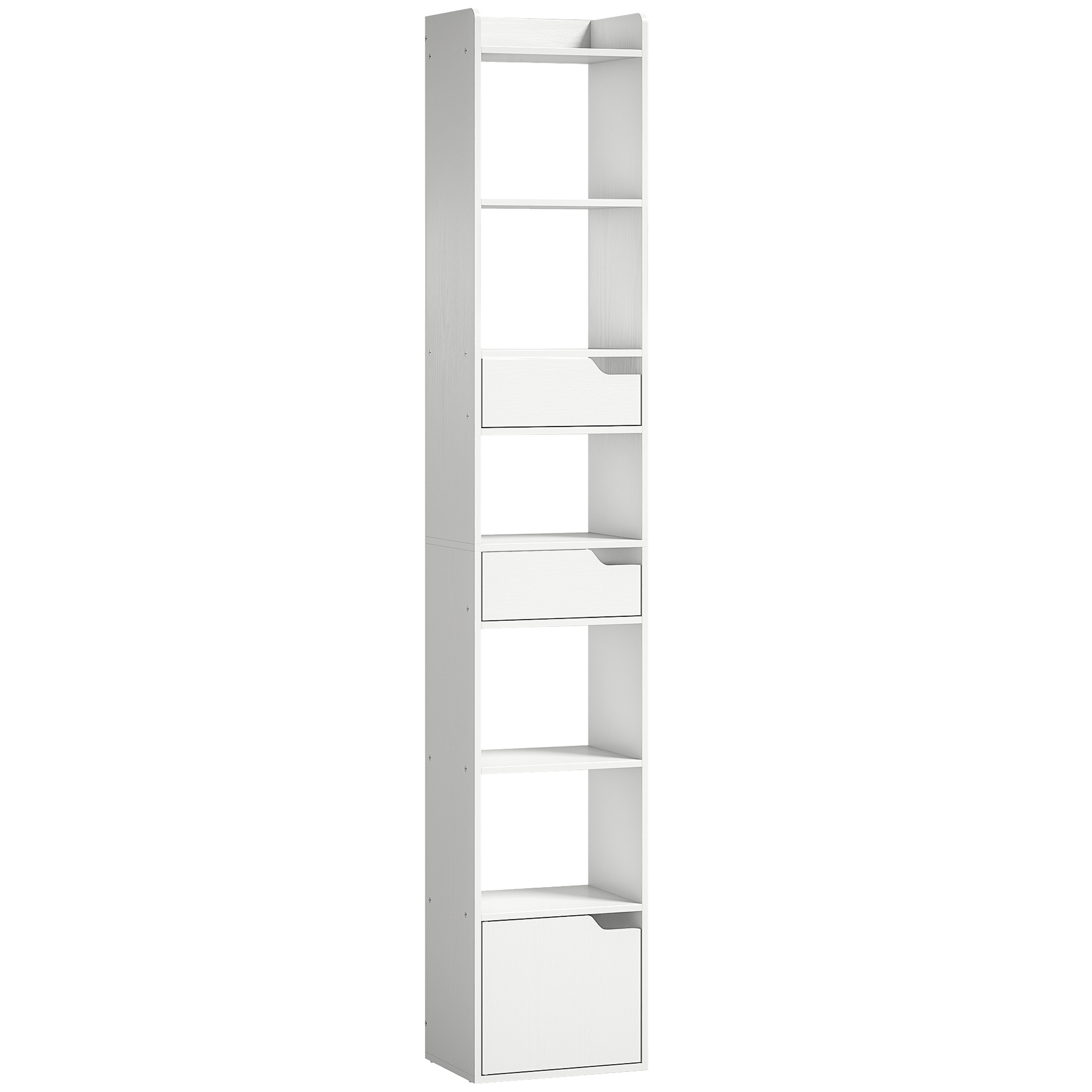 HOMCOM Estantería para Libros con 2 Cajones y Puerta Librería Estrecha con 6 Estantes Abiertos 32x24x181,5 cm Blanco | Aosom España