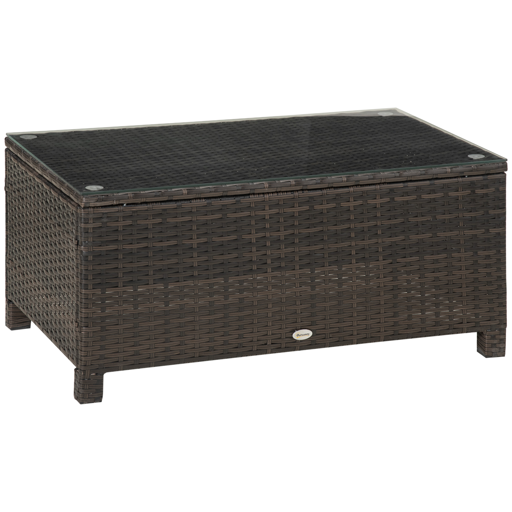 Outsunny bijzettafel, weerbestendig, stijlvolle salontafel voor tuin en balkon, ESG glas, PE-rotan, 60 x 60 x 45 cm, bruin | Aosom.nl
