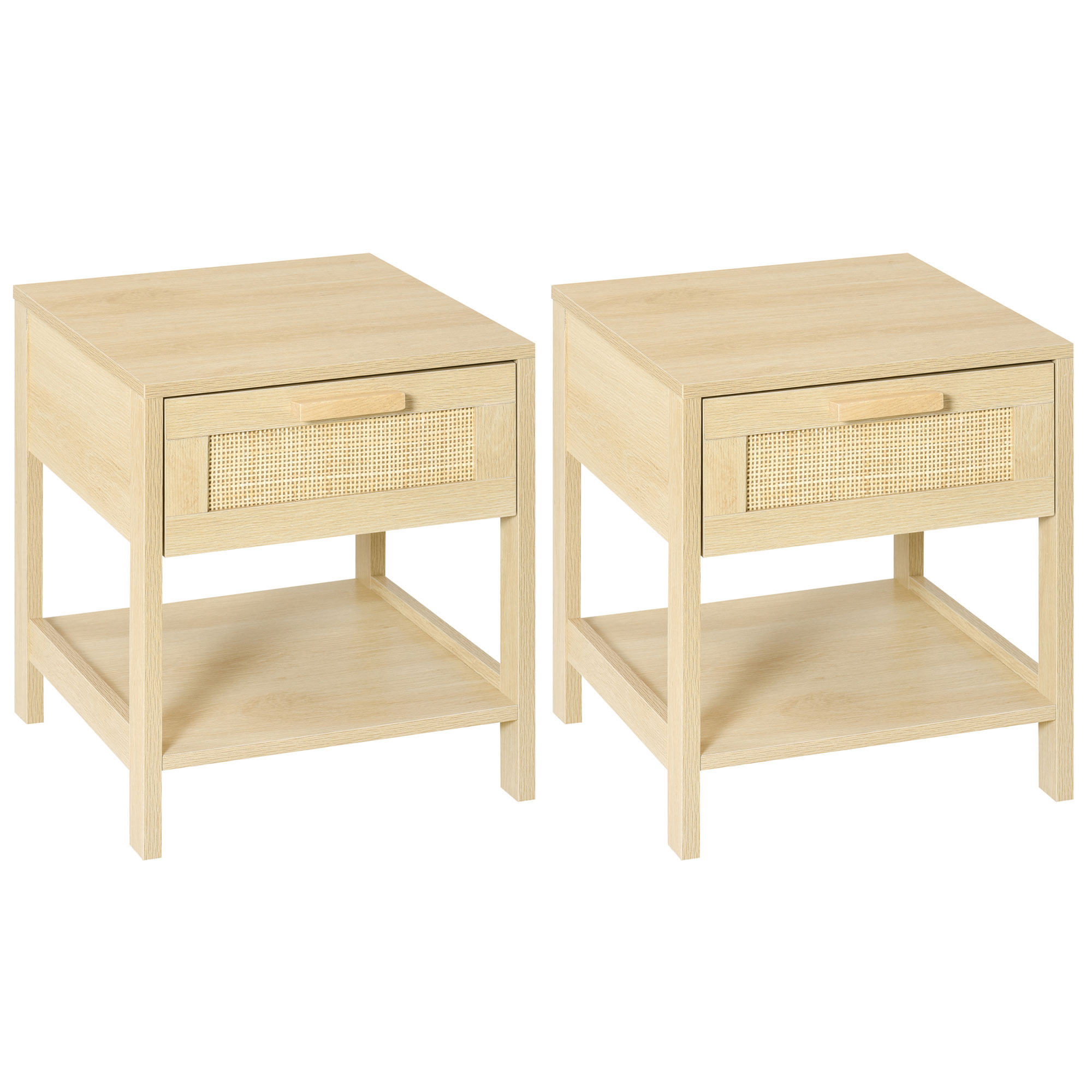 HOMCOM Bedside Nightstand Set of 2, with Rattan Drawer and Storage Shelf, for Bedroom, Living Room   Aosom UK