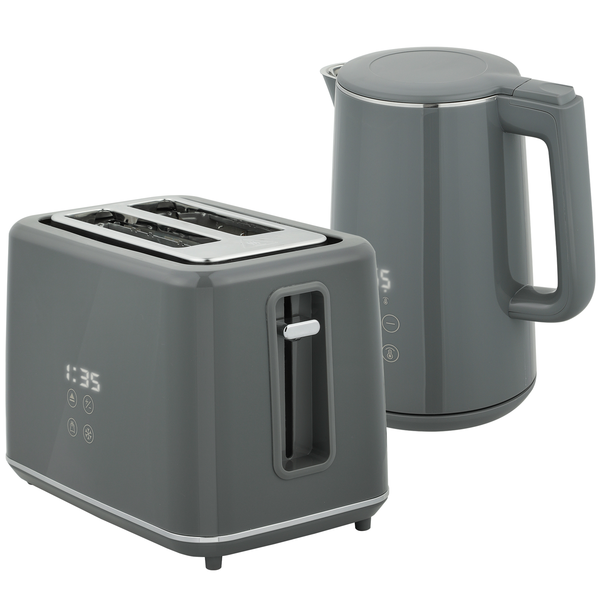 HOMCOM Digital Stainless Steel Kettle and Toaster Set, 1.5L 3000W Fast Boil Kettle, 2 Slice Toaster with 7 Level Browning Controls, Defrost, Reheat, Keep Warm, Crumb Tray and LED Touch Display, Grey HOMCOM Digital Stainless Steel Kettle and Toaster Set, 1.5L 3000W Fast Boil Kettle, 2 Slice Toaster with 7 Level Browning Controls, Defrost, Reheat, Keep Warm, Crumb Tray and LED Touch Display, Grey