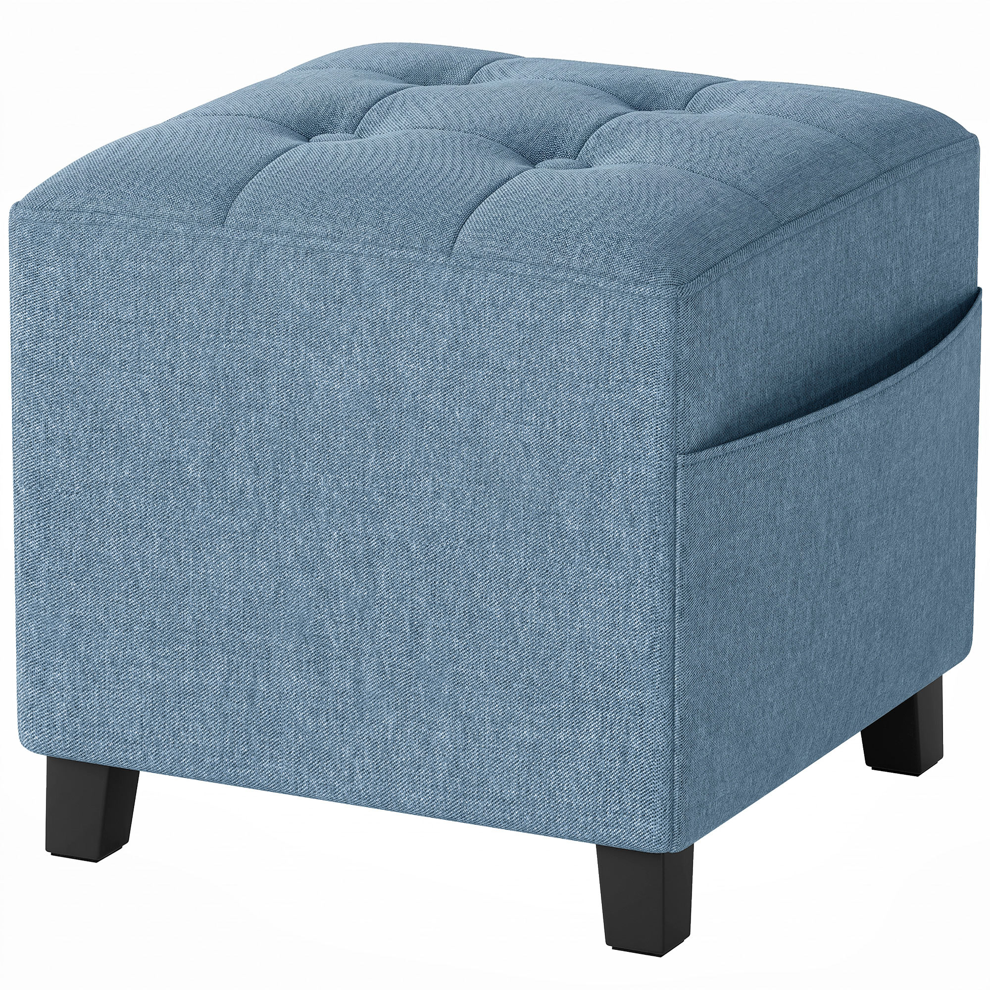 HOMCOM Small Ottoman, Square Footstool with Side Pocket, Rubber Wood Legs and Padded Seat for Living Room, Dark Blue