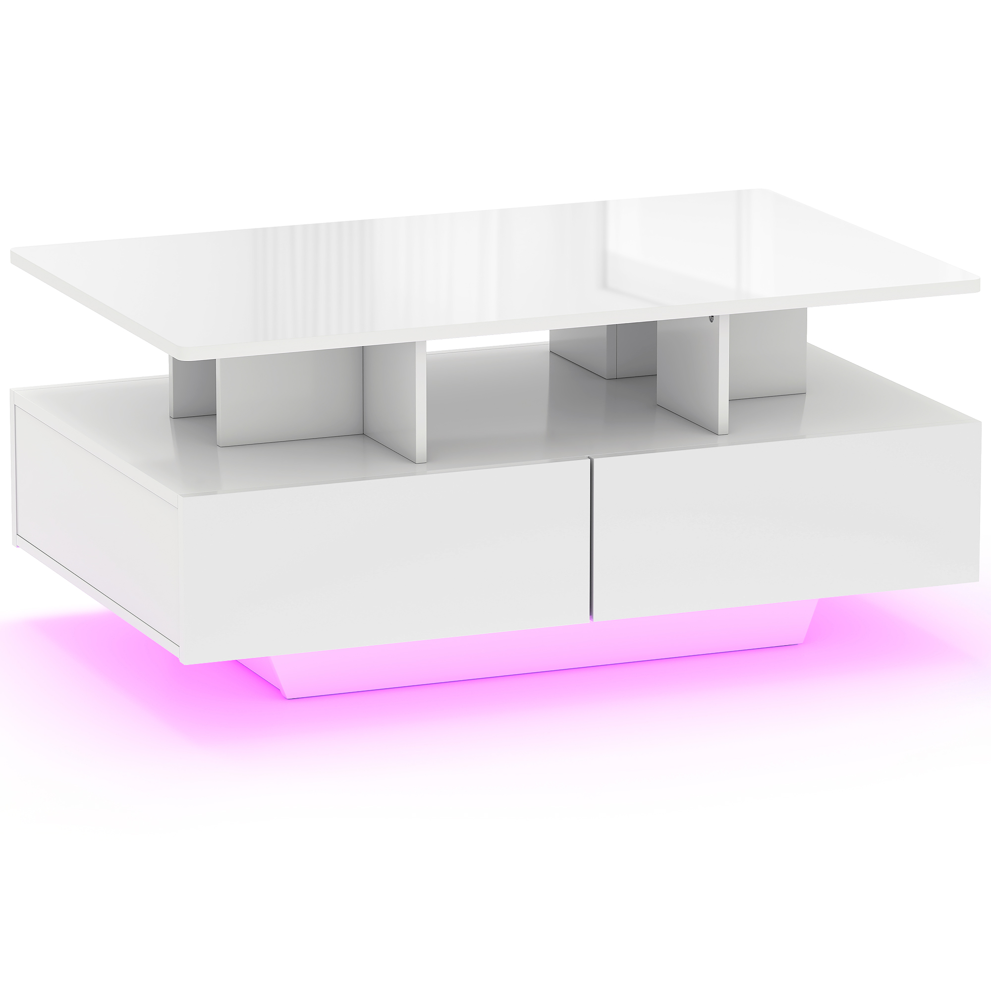 HOMCOM Mesa de Centro LED Moderna con 4 Cajones Estante Abierto y Luces LED de 16 Colores para Salón 90x55x41 cm Blanco Brillo | Aosom España